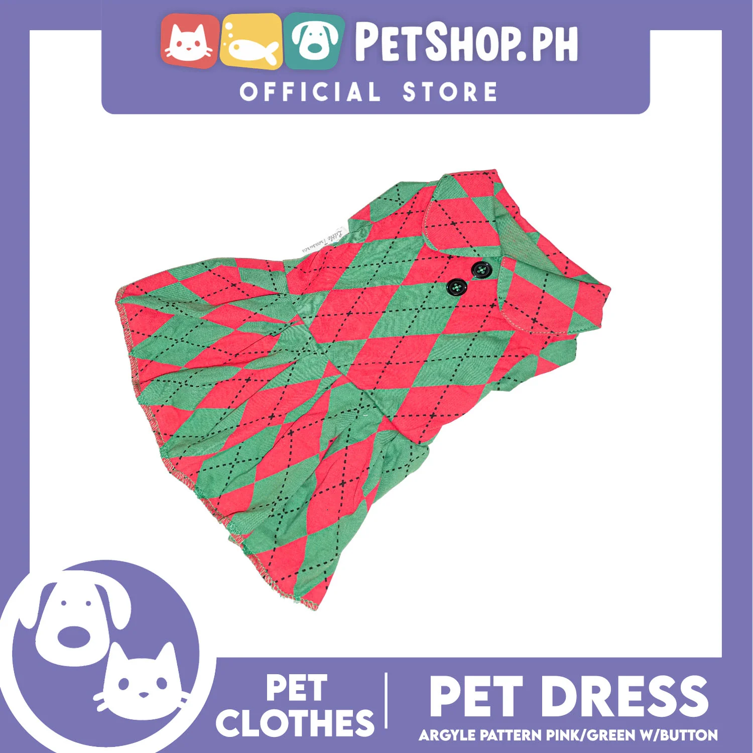 Pet Dress Argyle Pink/Green with Button Dress (Extra Large) Perfect Fit for Dogs and Cats - Image 2