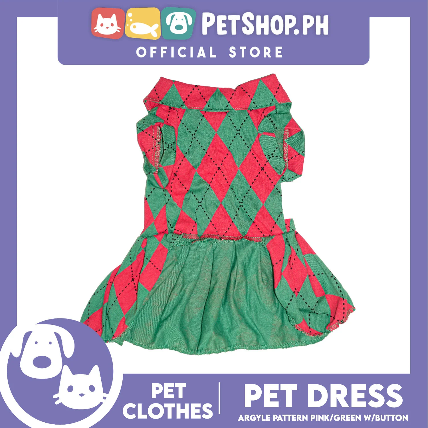 Pet Dress Argyle Pink/Green with Button Dress (Extra Large) Perfect Fit for Dogs and Cats - Image 3