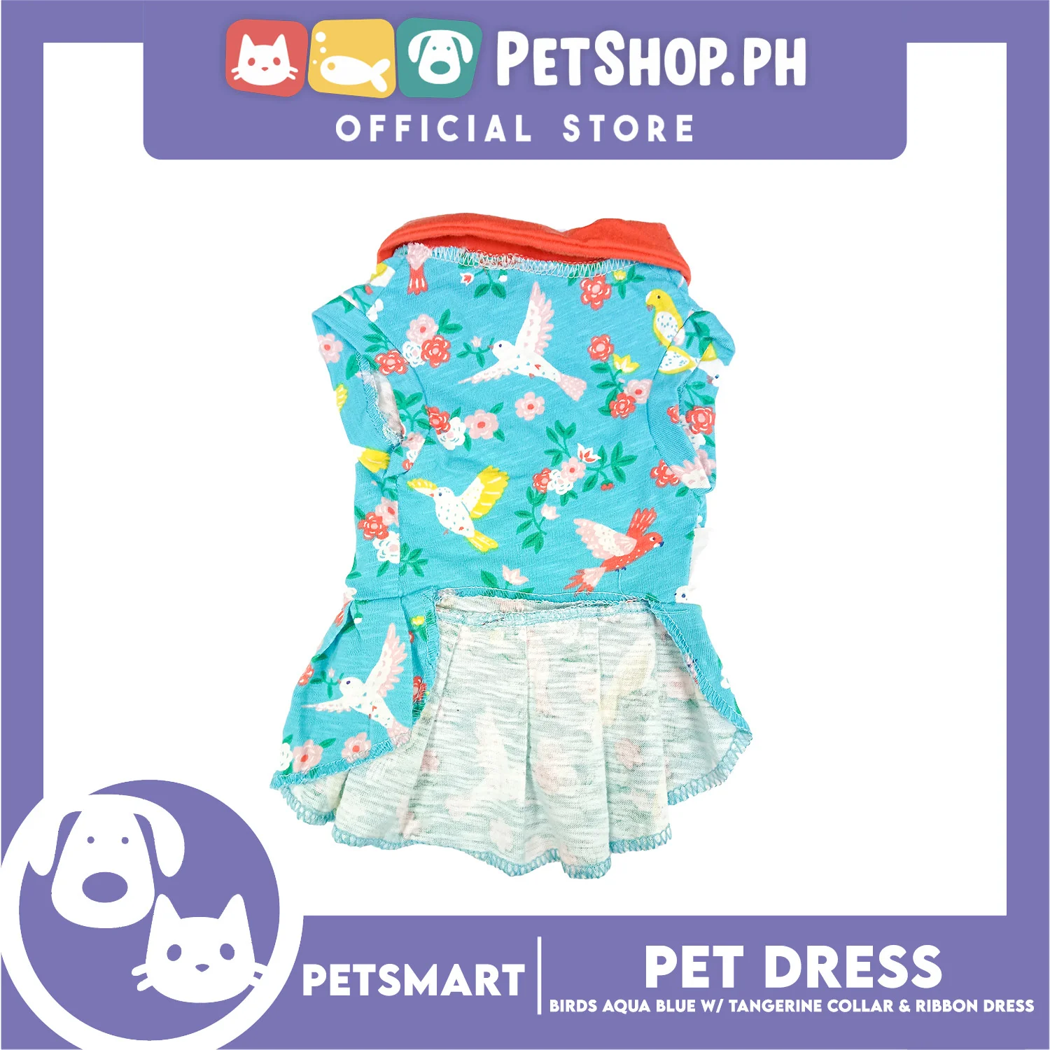 Pet Dress Birds Aqua Blue with Tangerine Collar and Ribbon (Large) DG-CTN179L - Image 4