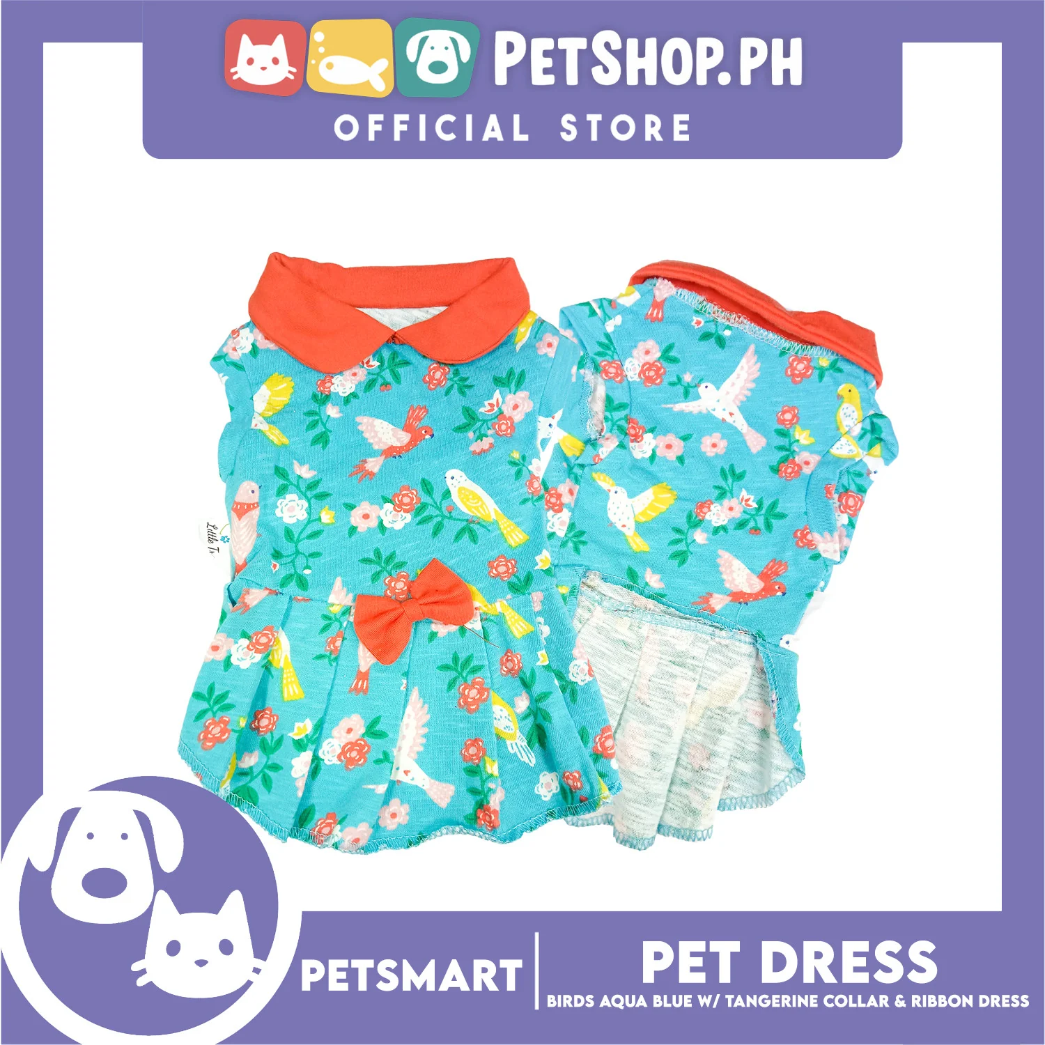 Pet Dress Birds Aqua Blue with Tangerine Collar and Ribbon (Medium) DG-CTN179M - Image 2