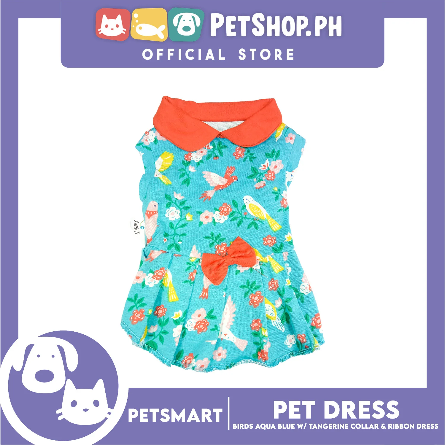 Pet Dress Birds Aqua Blue with Tangerine Collar and Ribbon (Medium) DG-CTN179M - Image 5
