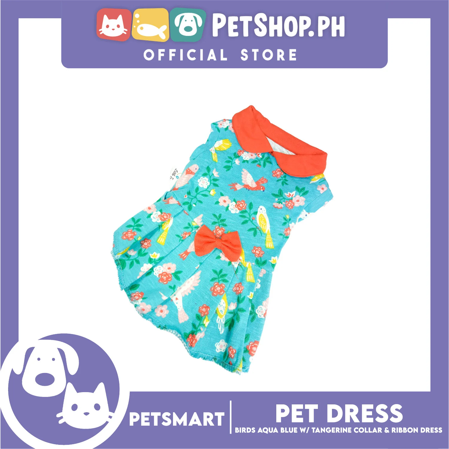 Pet Dress Birds Aqua Blue with Tangerine Collar and Ribbon (Small) DG-CTN179S - Image 2