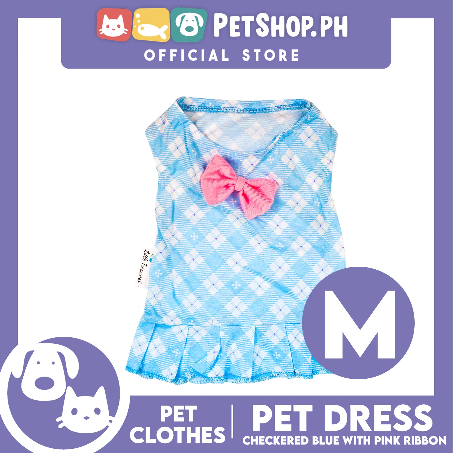Pet Dress Blue Checkered with Pink Ribbon Pet Clothes (Medium) Perfect Fit for Dogs and Cats