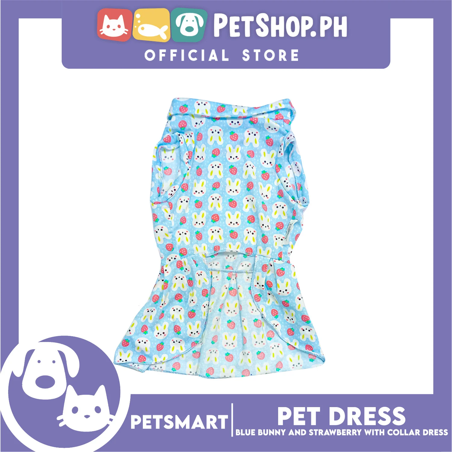 Pet Dress Blue Color, Bunny and Strawberry with Collar Design Dress (Large) Perfect Fit for Dogs and Cats - Image 2
