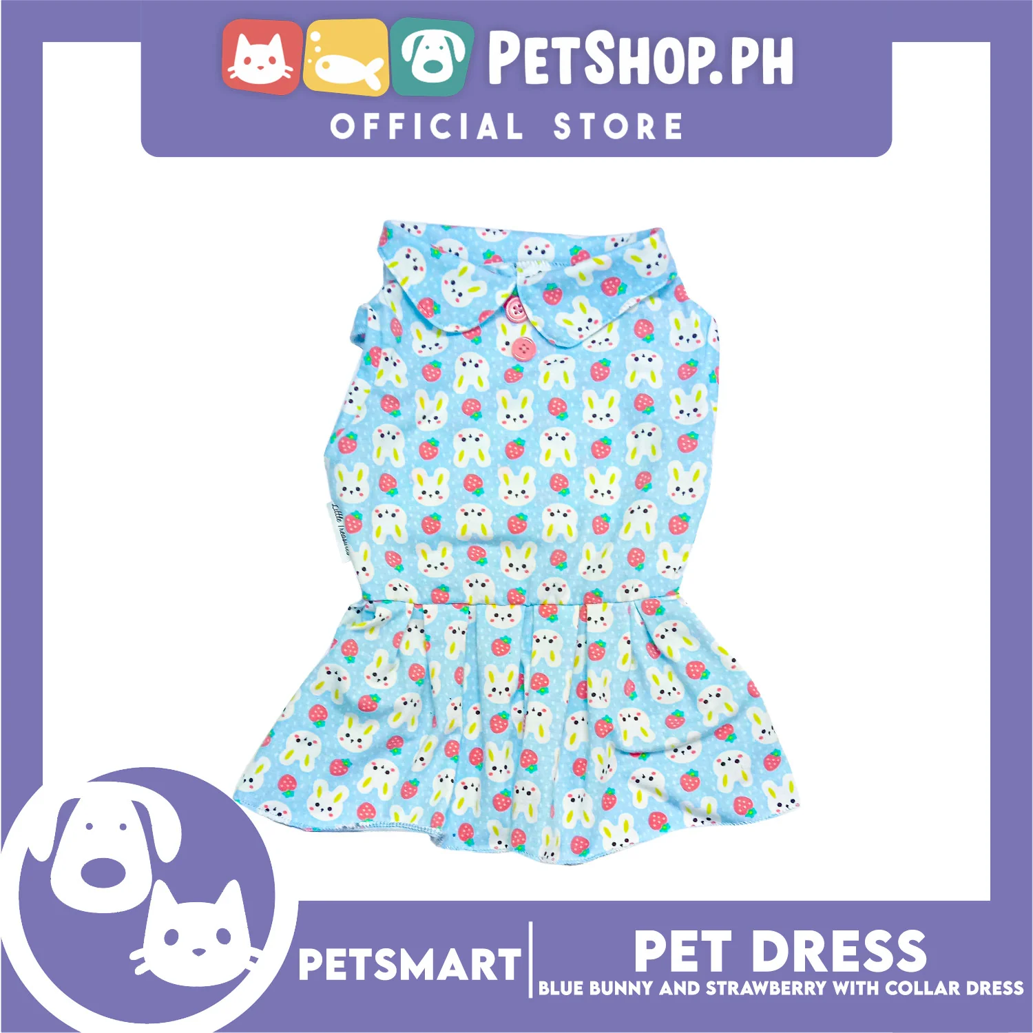 Pet Dress Blue Color, Bunny and Strawberry with Collar Design Dress (Large) Perfect Fit for Dogs and Cats - Image 4