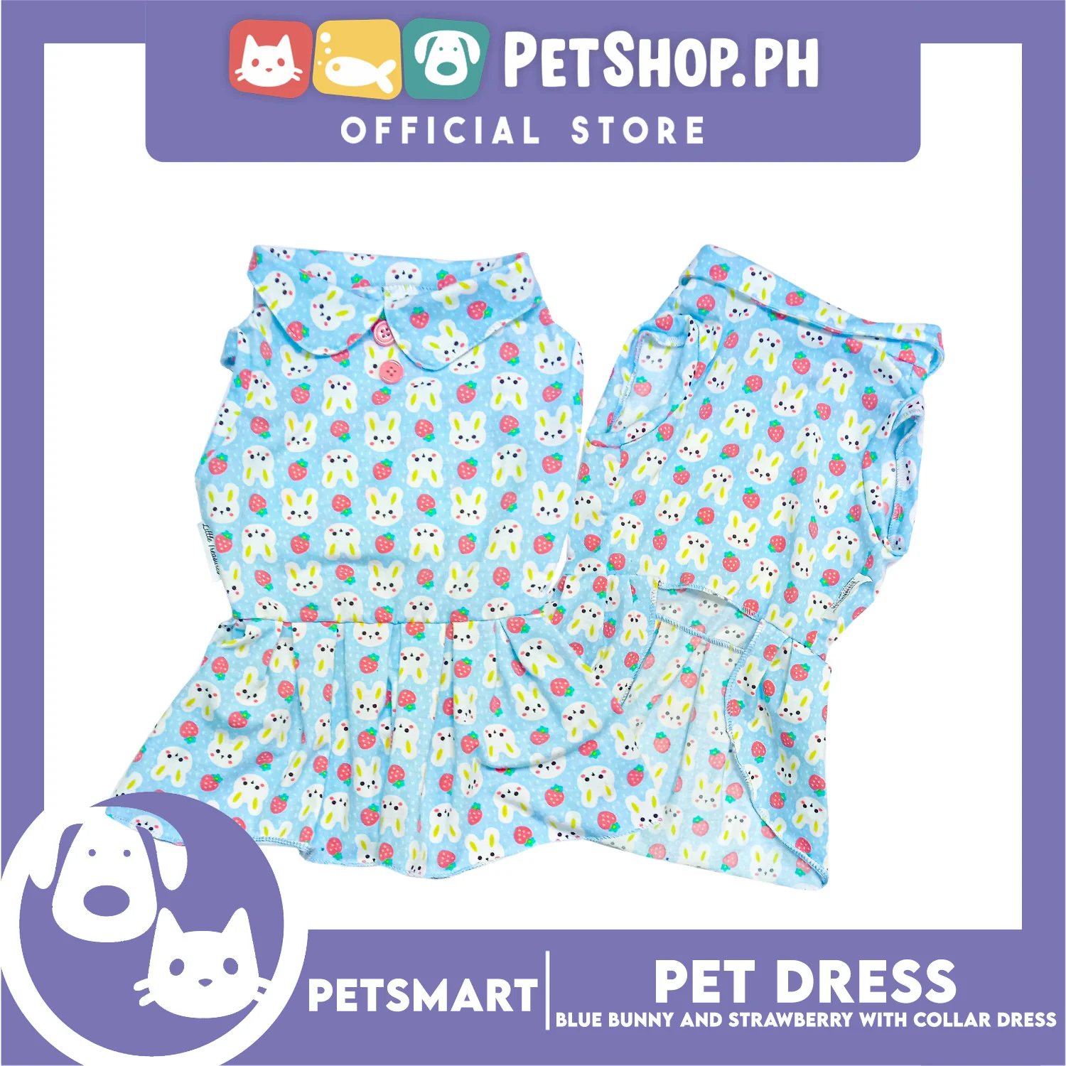 Pet Dress Blue Color, Bunny and Strawberry with Collar Design Dress (XL) Perfect Fit for Dogs and Cats - Image 4
