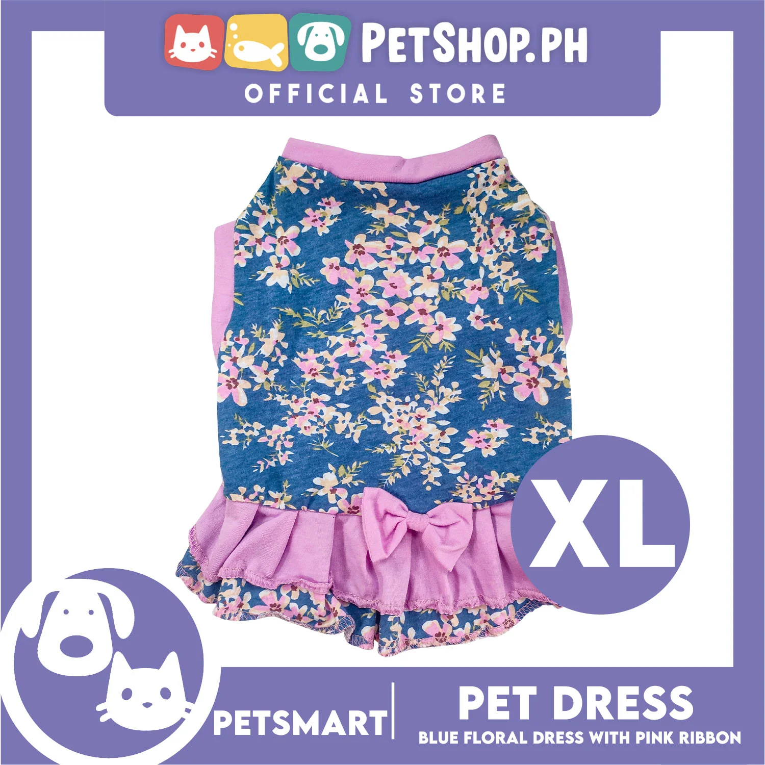 Pet Dress Blue Floral with Pink Ribbon Design DG-CTN153XL (XL) Perfect Fit For Dogs And Cats