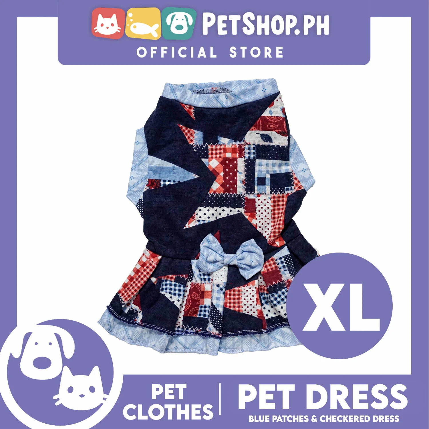 Pet Dress Blue Patches and Checkered Dress (Extra Large) Perfect Fit for Dogs and Cats