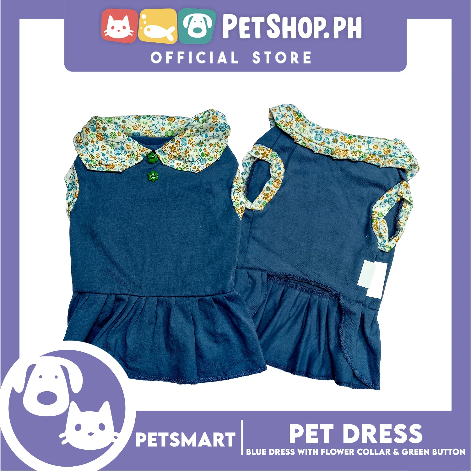 Pet Dress Blue with Flower Collar and Green Button Design DG-CTN185S (Small) - Image 2