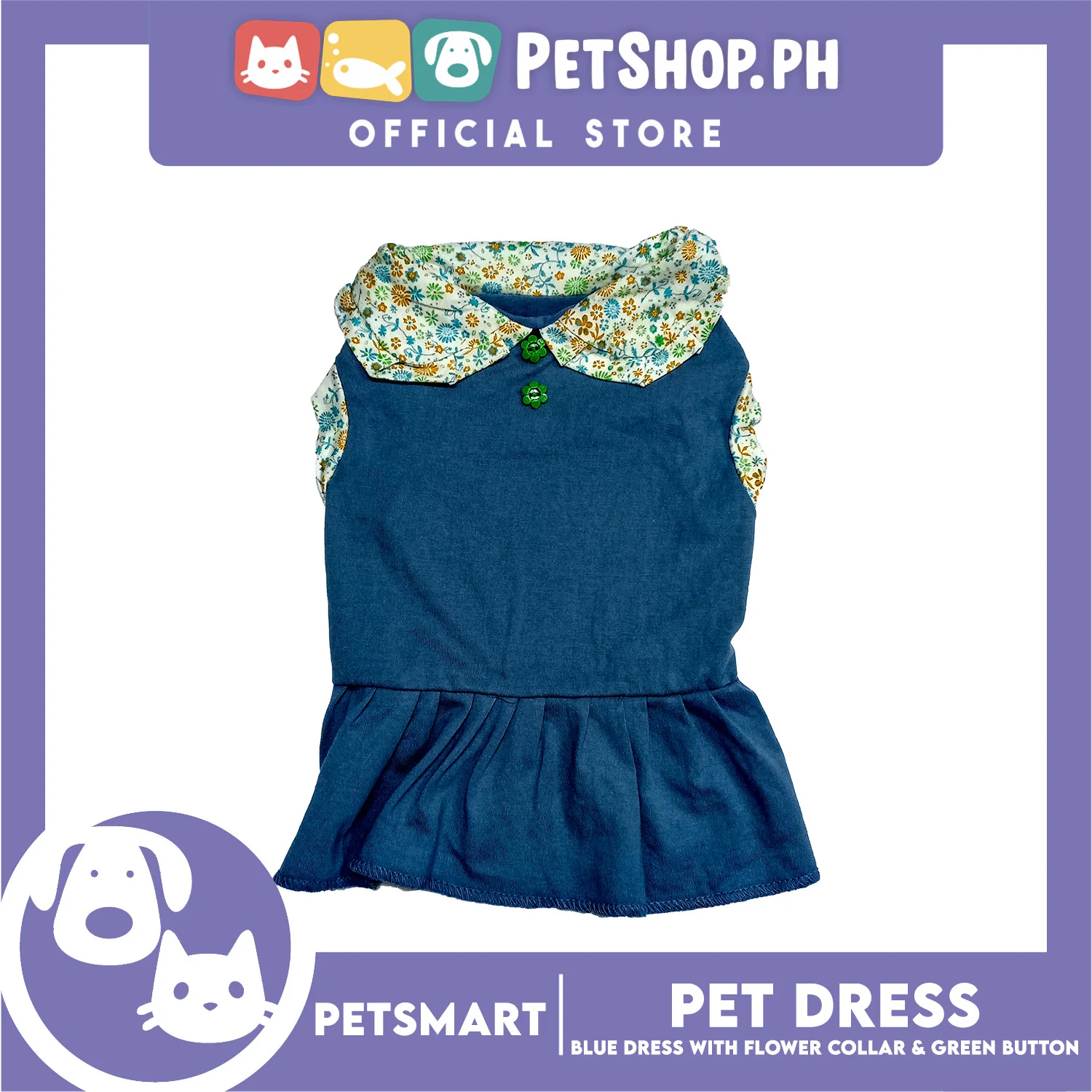 Pet Dress Blue with Flower Collar and Green Button Design DG-CTN185XL (XL) - Image 3