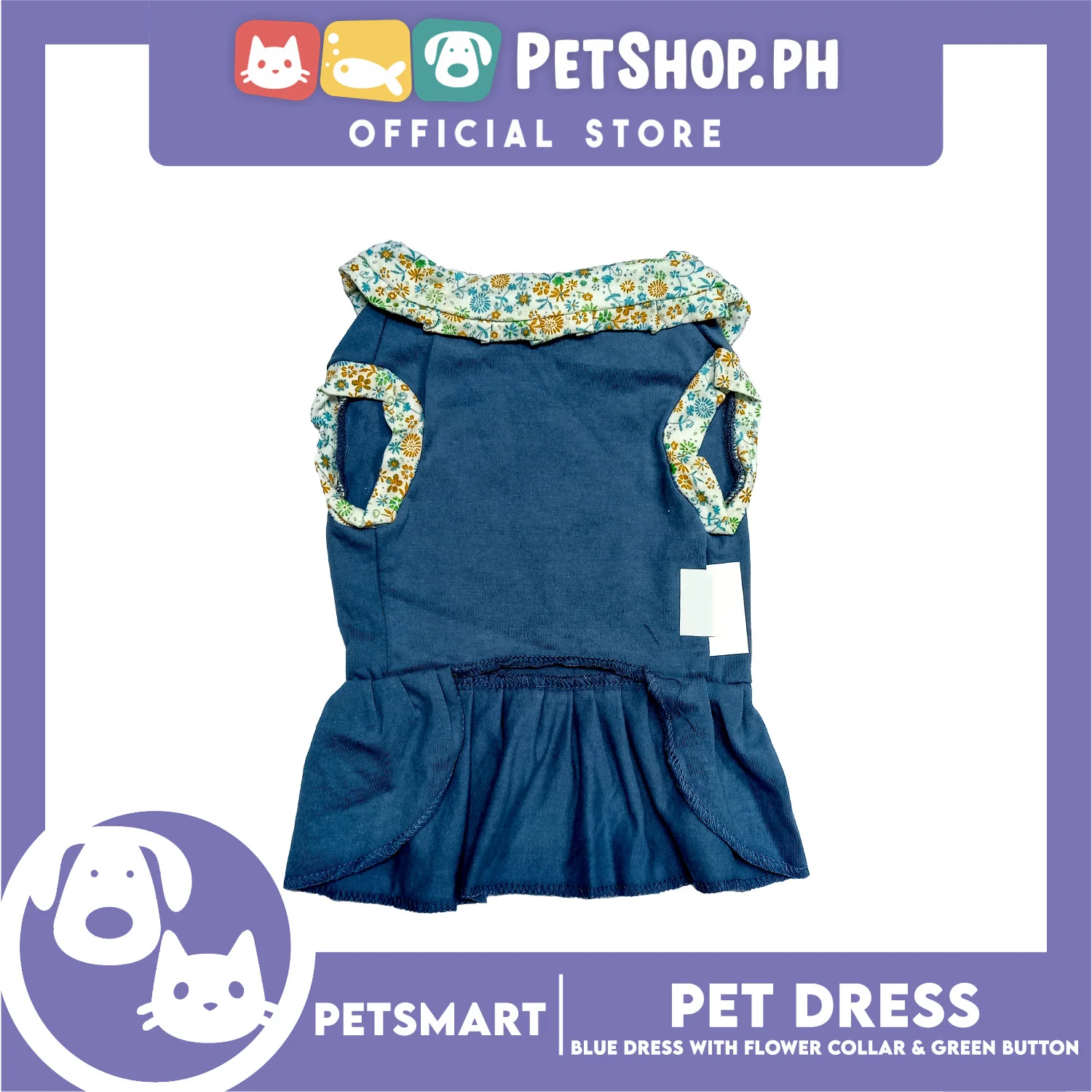 Pet Dress Blue with Flower Collar and Green Button Design DG-CTN185XL (XL) - Image 4