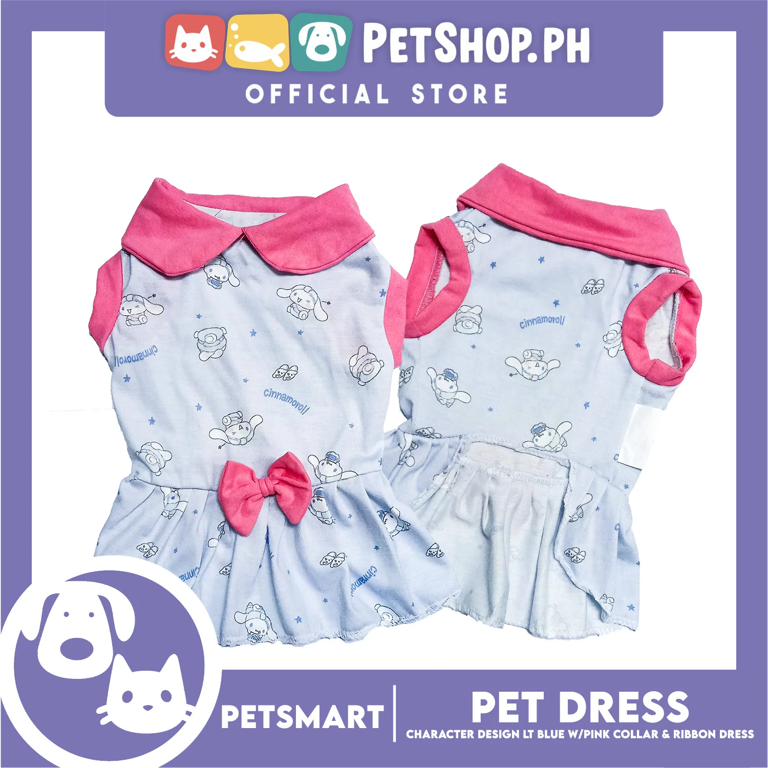 Pet Dress Character Design Light Blue with Pink Collar and Ribbon Color Design, Medium Size (DG-CTN201M) - Image 2