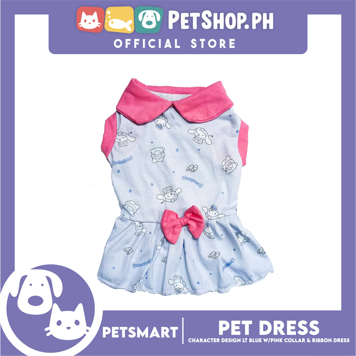 Pet Dress Character Design Light Blue with Pink Collar and Ribbon Color Design, Medium Size (DG-CTN201M) - Image 3