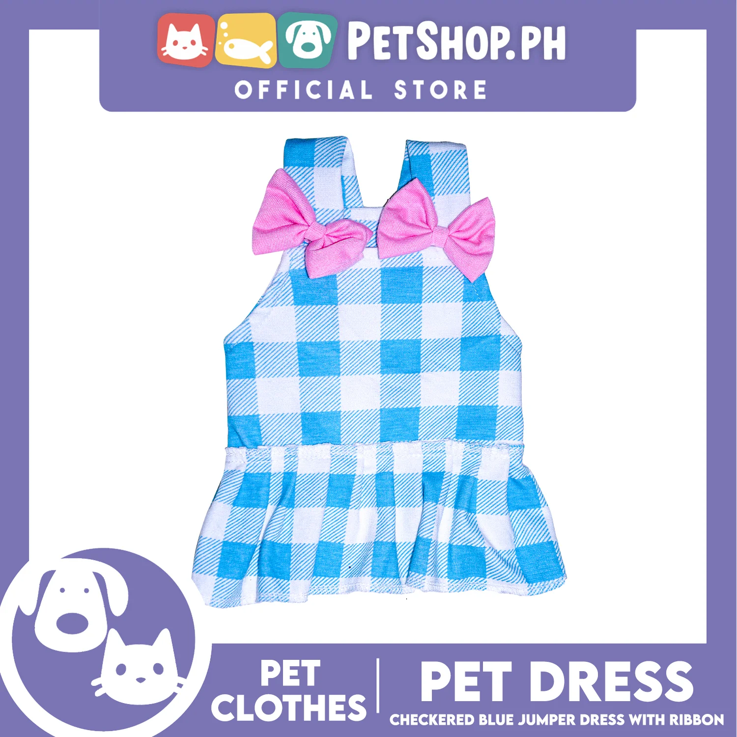 Pet Dress Checkered Blue Dress with pink ribbon (Large) Perfect Fit for Dogs and Cats - Image 3