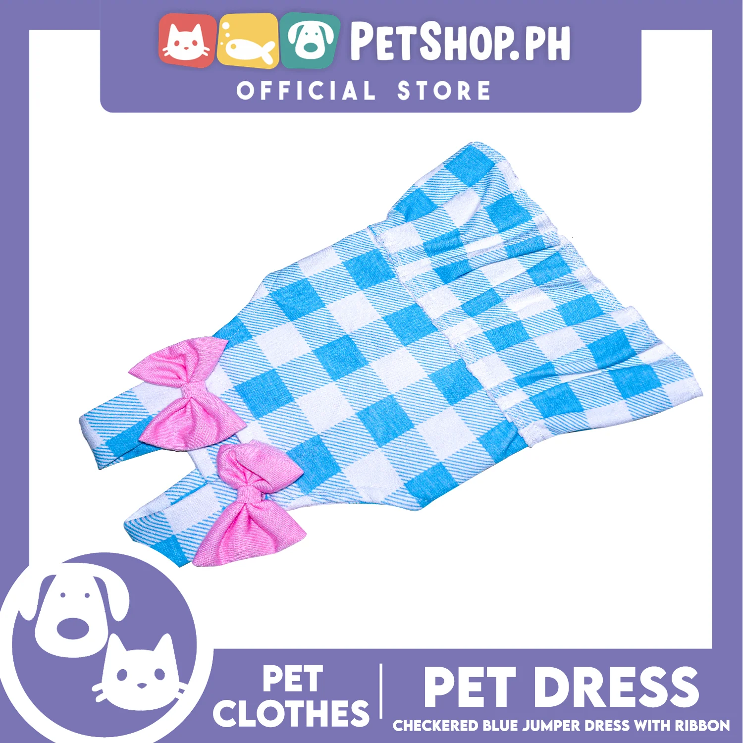 Pet Dress Checkered Blue Dress with pink ribbon (Small) Perfect Fit for Dogs and Cats - Image 3