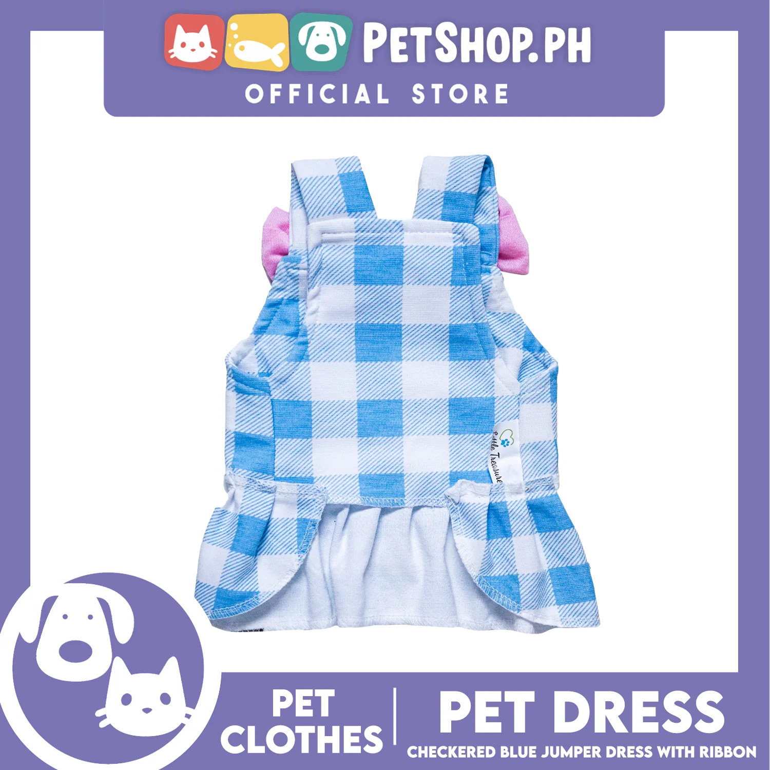 Pet Dress Checkered Blue Dress with pink ribbon (Small) Perfect Fit for Dogs and Cats - Image 4