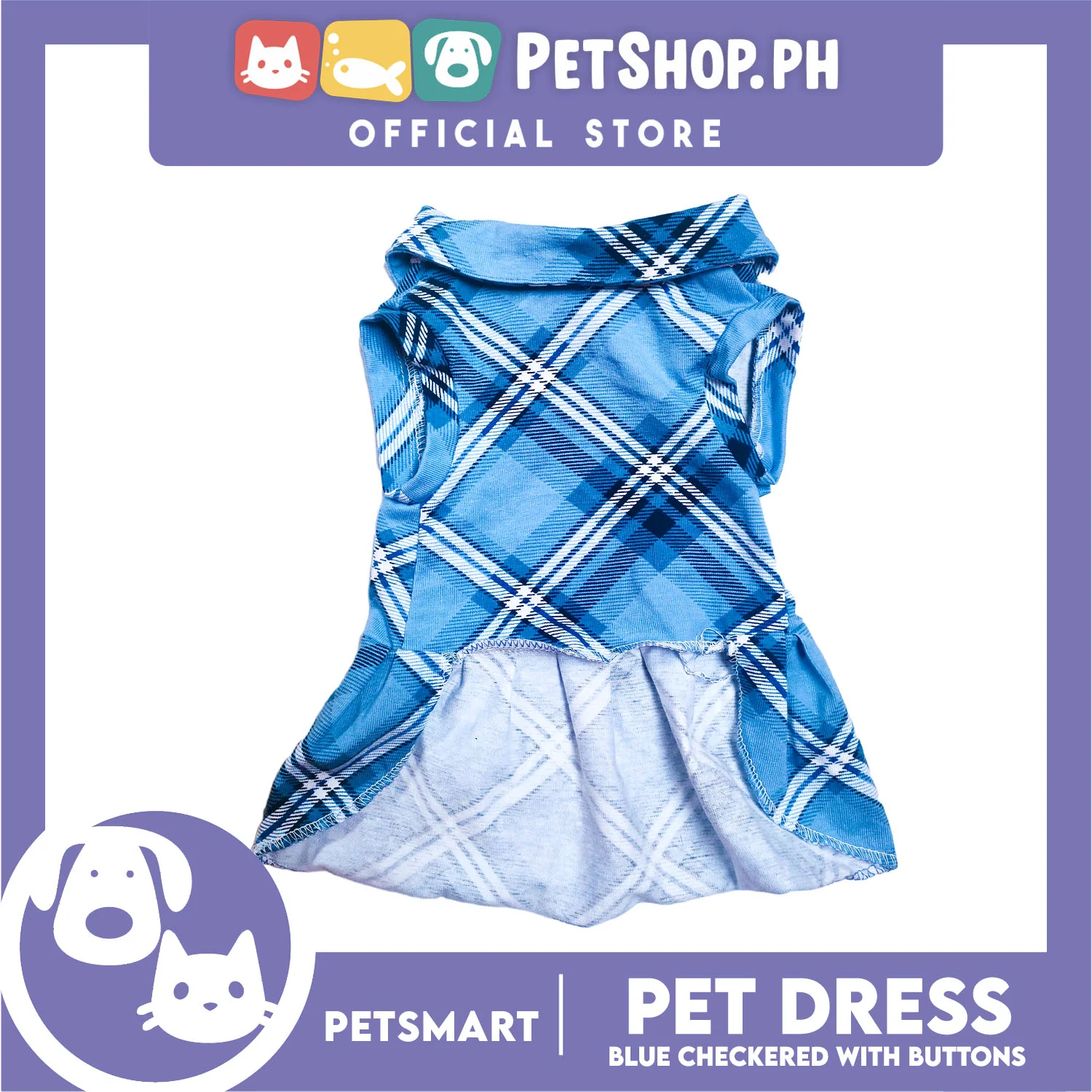 Pet Dress Checkered Blue With Buttons Dress DG-CTN116L (Large) - Image 3