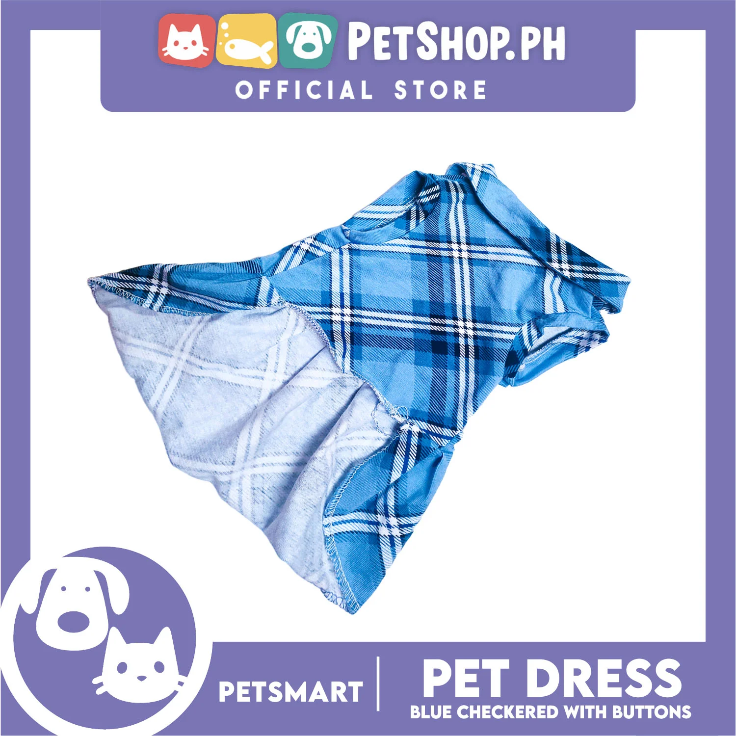 Pet Dress Checkered Blue With Buttons Dress DG-CTN116M (Medium) - Image 3