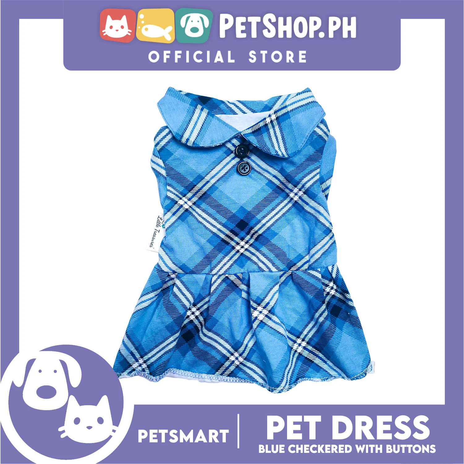 Pet Dress Checkered Blue With Buttons Dress DG-CTN116S (Small) - Image 2