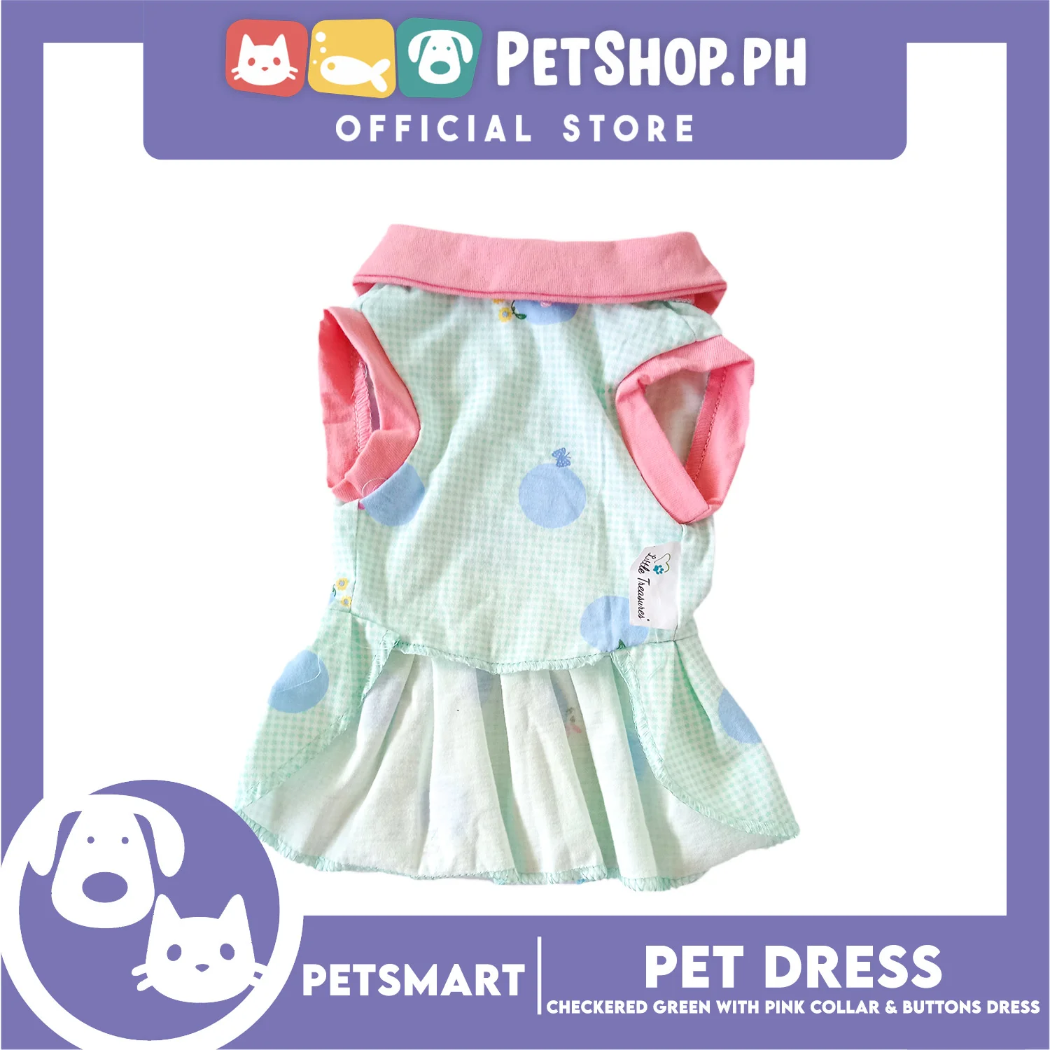 Pet Dress Checkered Design, Green with Pink Collar and Button Dress (Medium) Perfect Fit for Dogs and Cats - Image 3