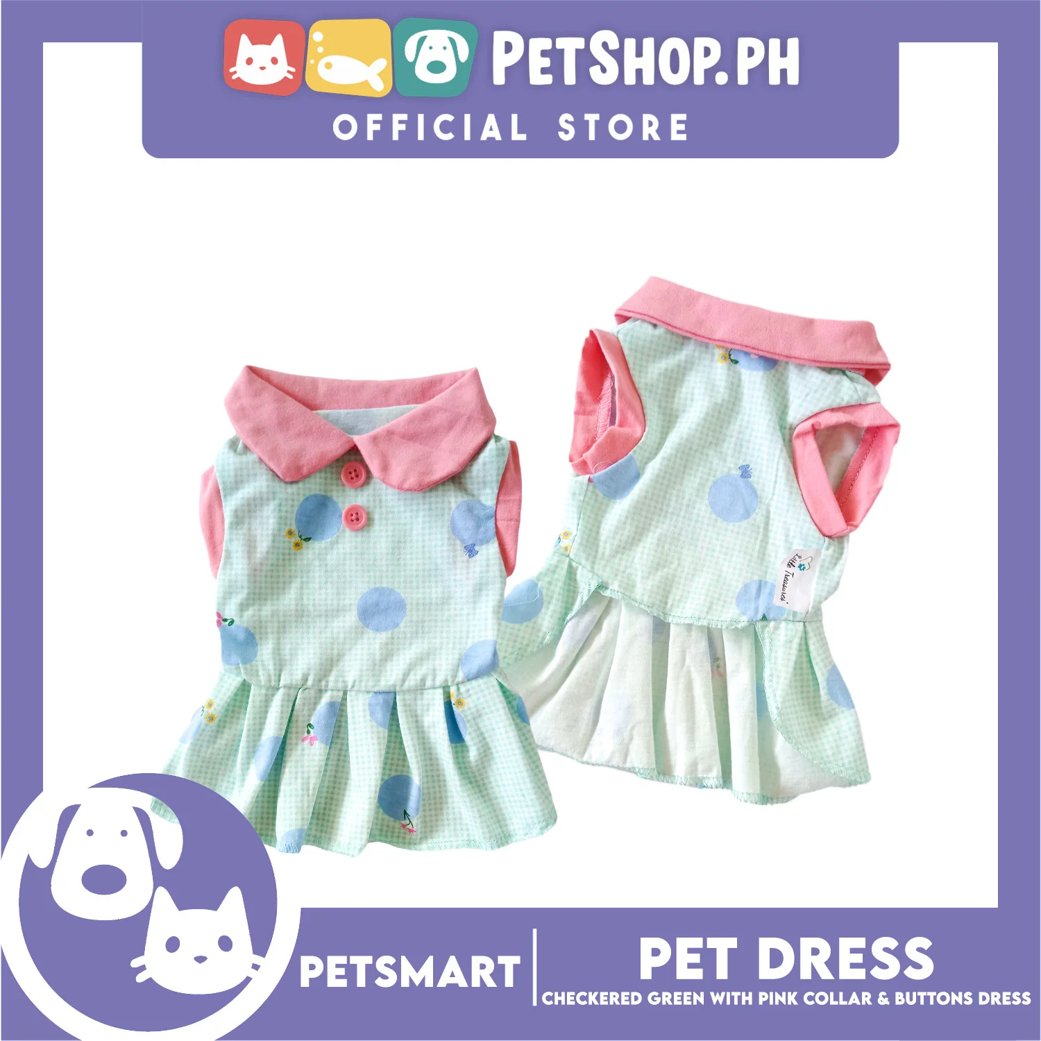 Pet Dress Checkered Design, Green with Pink Collar and Button Dress (Medium) Perfect Fit for Dogs and Cats - Image 4