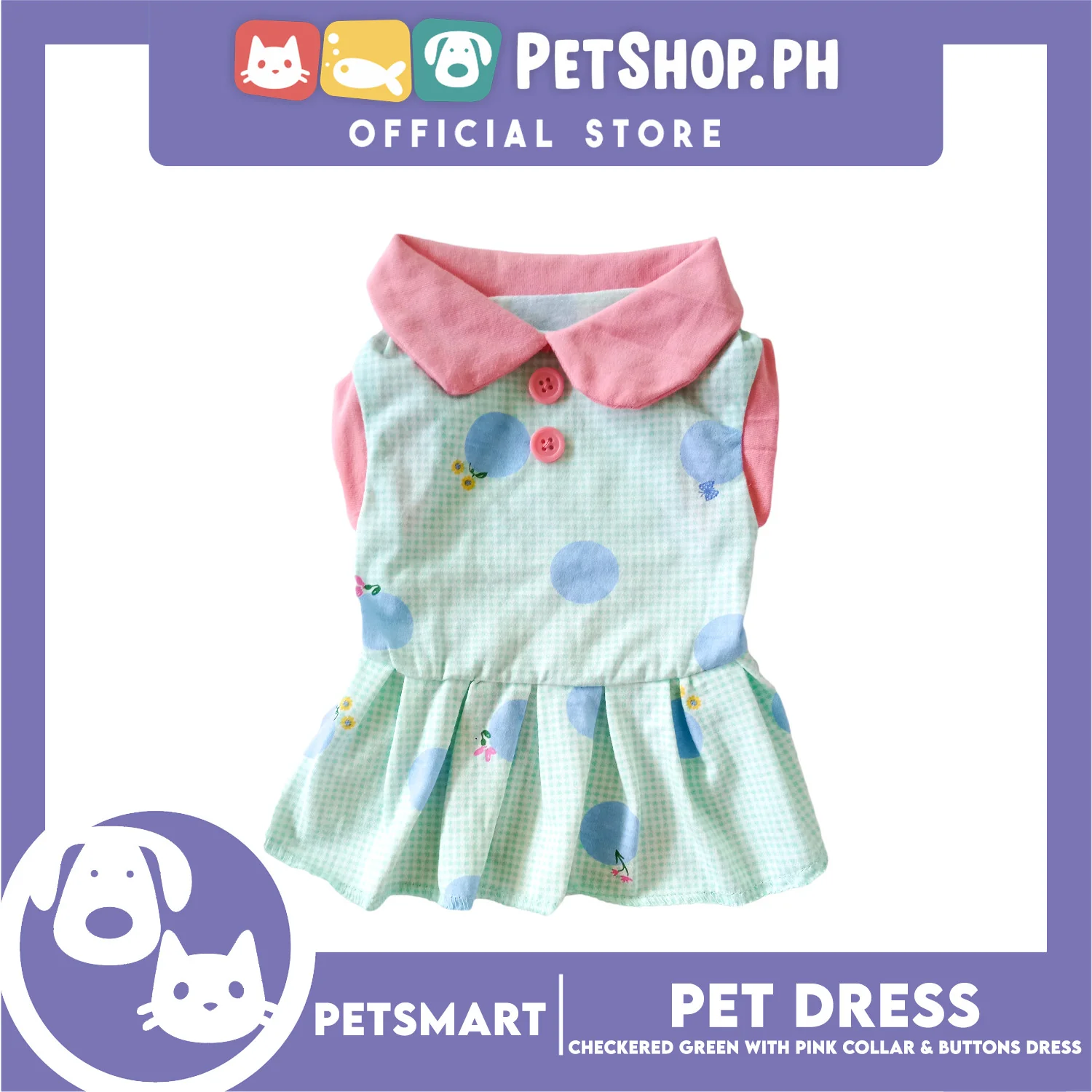 Pet Dress Checkered Design, Green with Pink Collar and Button Dress (Small) Perfect Fit for Dogs and Cats - Image 2