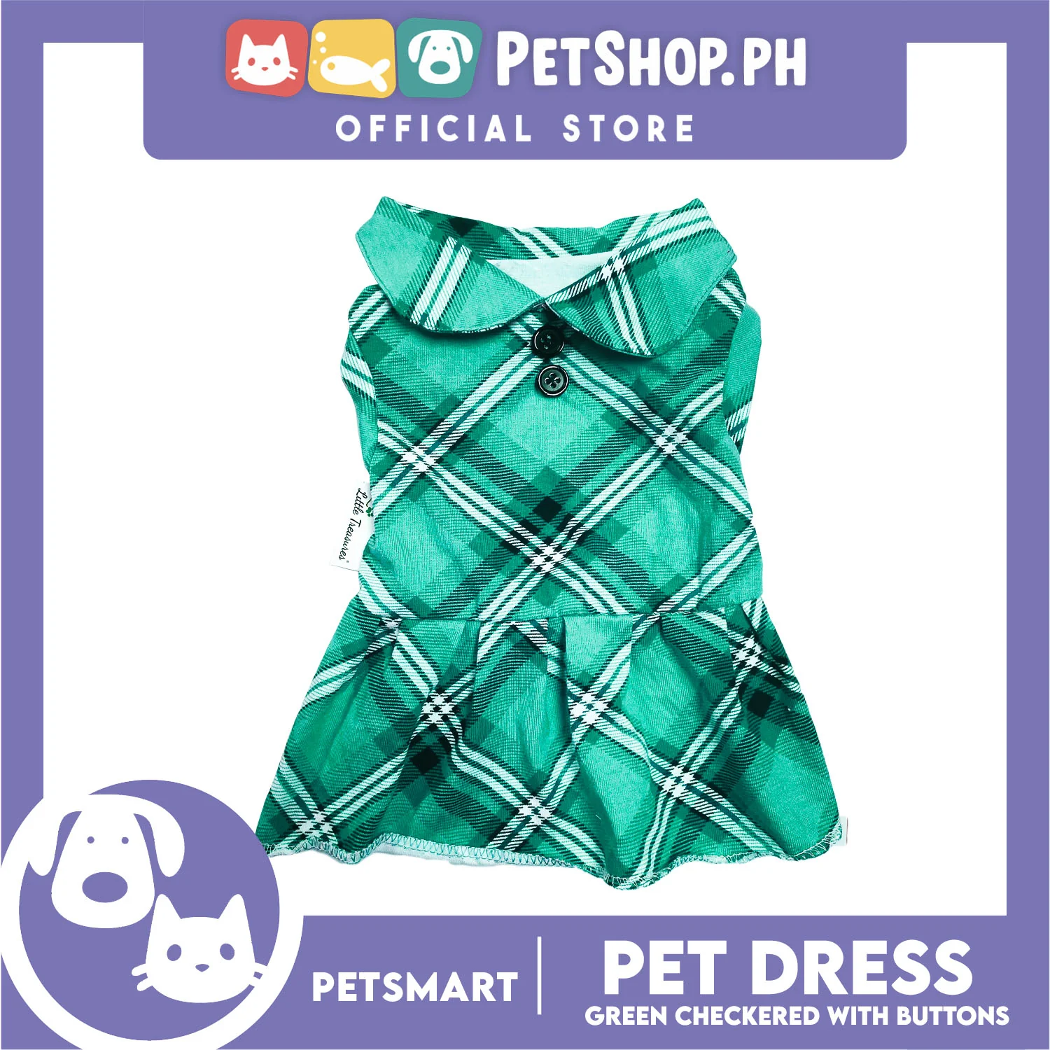 Pet Dress Checkered Green With Buttons Dress DG-CTN115M (Medium) - Image 3