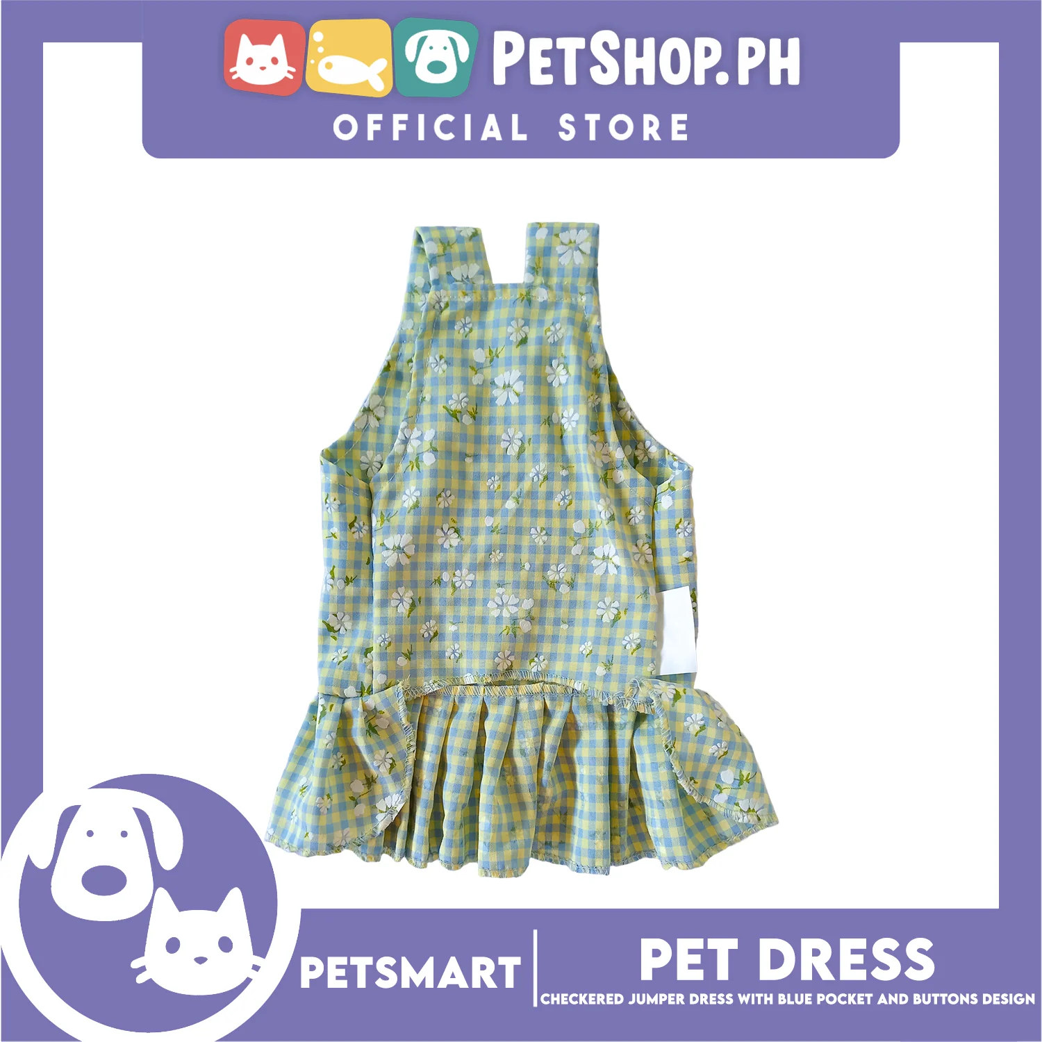 Pet Dress, Checkered Jumper Dress with Blue Pocket and Buttons Design DG-CTN157M (Medium) Perfect Fit For Dogs And Cats, Pet Clothes, Soft and Comfortable Pet Clothing - Image 2