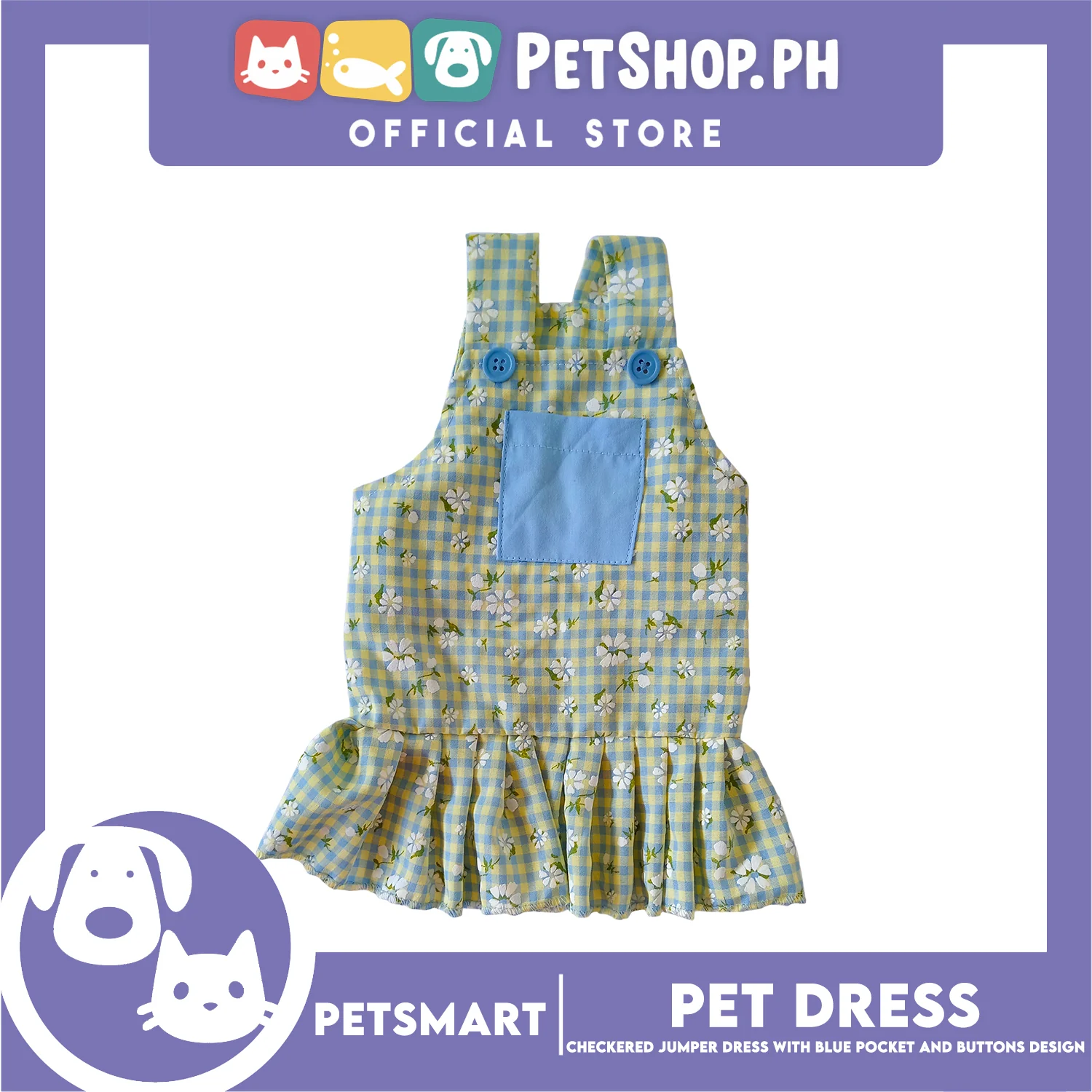 Pet Dress, Checkered Jumper Dress with Blue Pocket and Buttons Design DG-CTN157M (Medium) Perfect Fit For Dogs And Cats, Pet Clothes, Soft and Comfortable Pet Clothing - Image 3