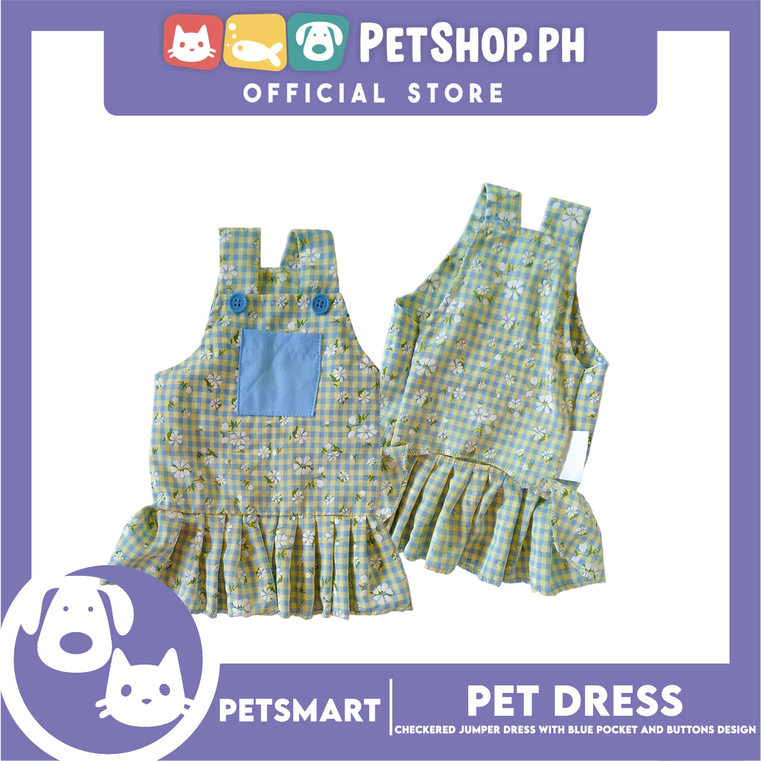 Pet Dress, Checkered Jumper Dress with Blue Pocket and Buttons Design DG-CTN157M (Medium) Perfect Fit For Dogs And Cats, Pet Clothes, Soft and Comfortable Pet Clothing - Image 4