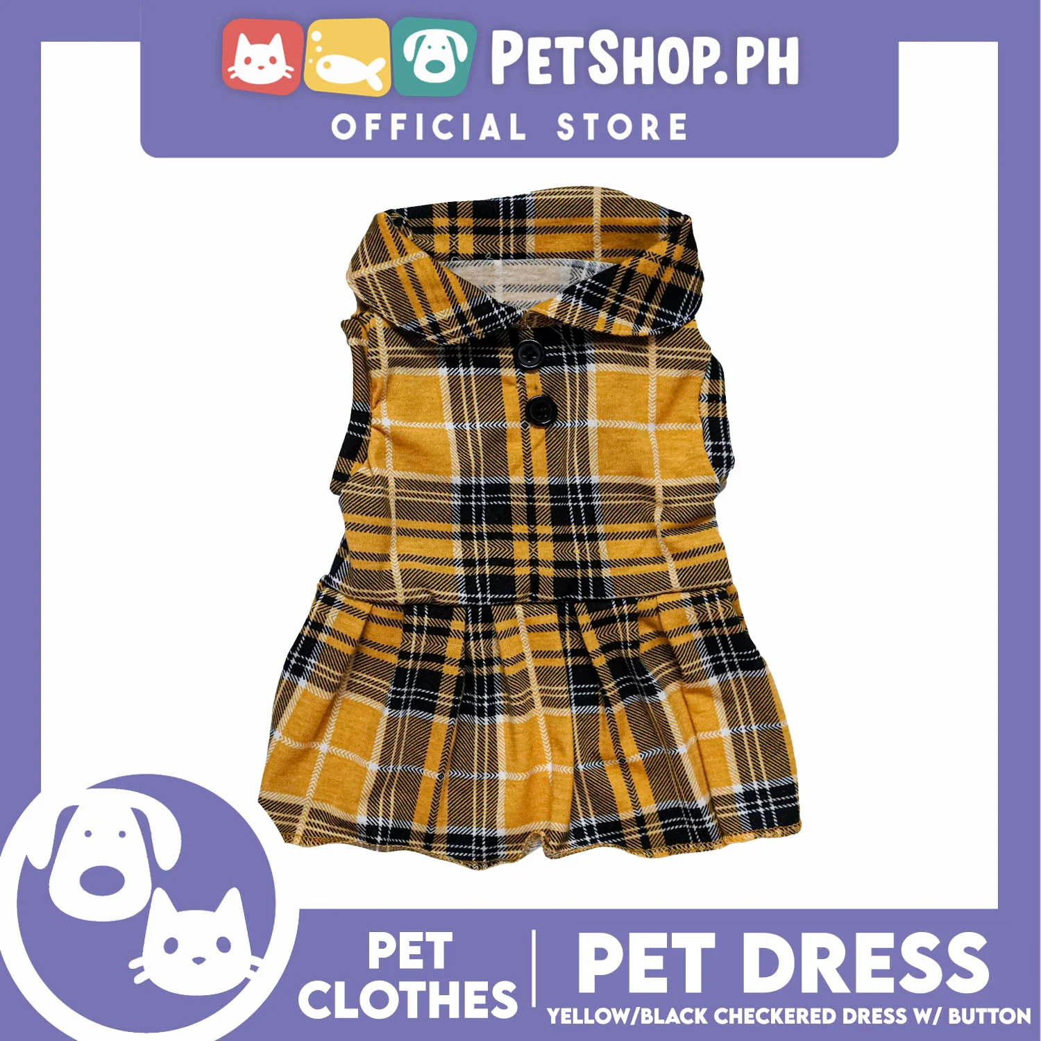 Pet Dress Checkered Yellow and Black with Button (Extra Large) Perfect Fit for Dogs and Cats - Image 4