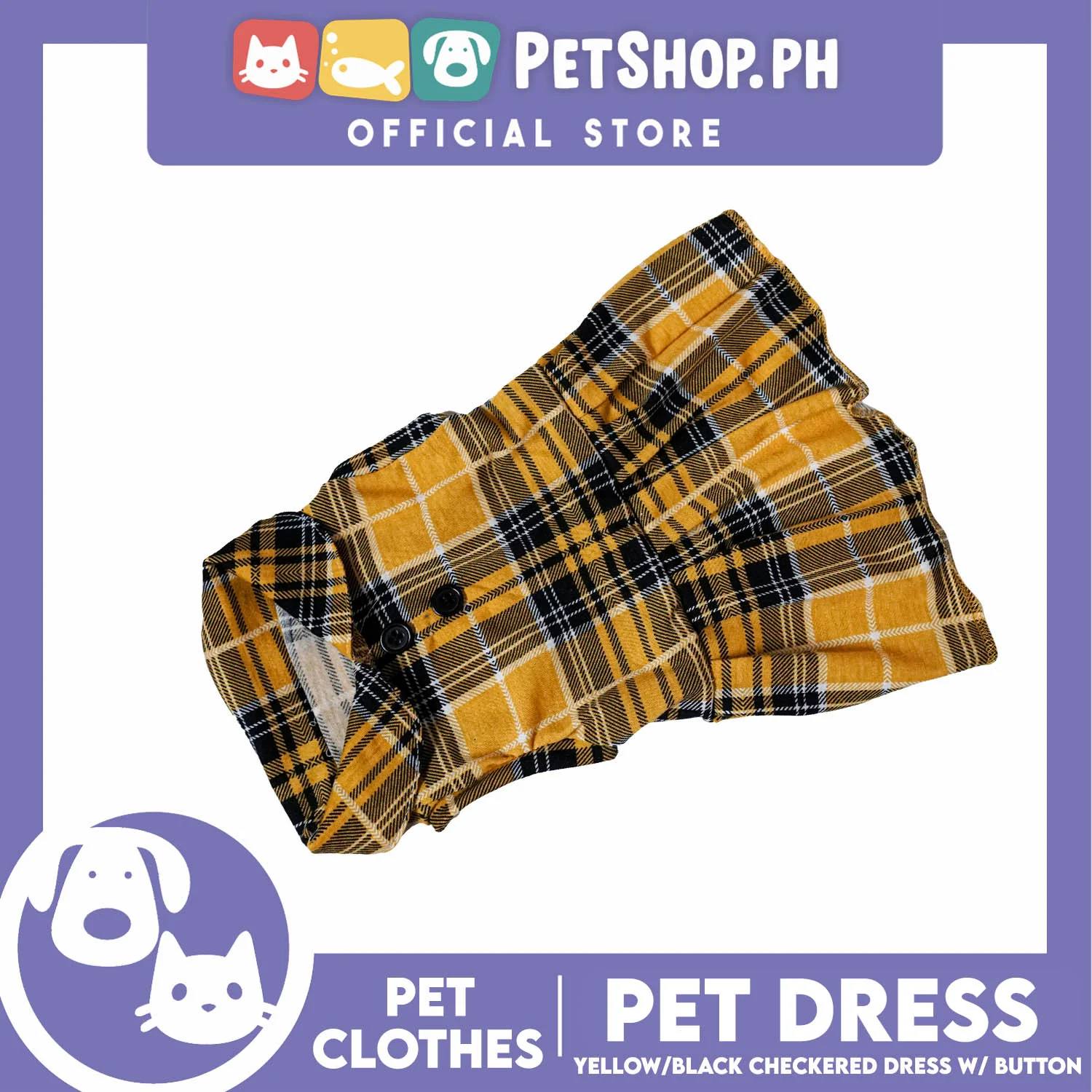 Pet Dress Checkered Yellow and Black with Button (Small) Perfect Fit for Dogs and Cats - Image 3