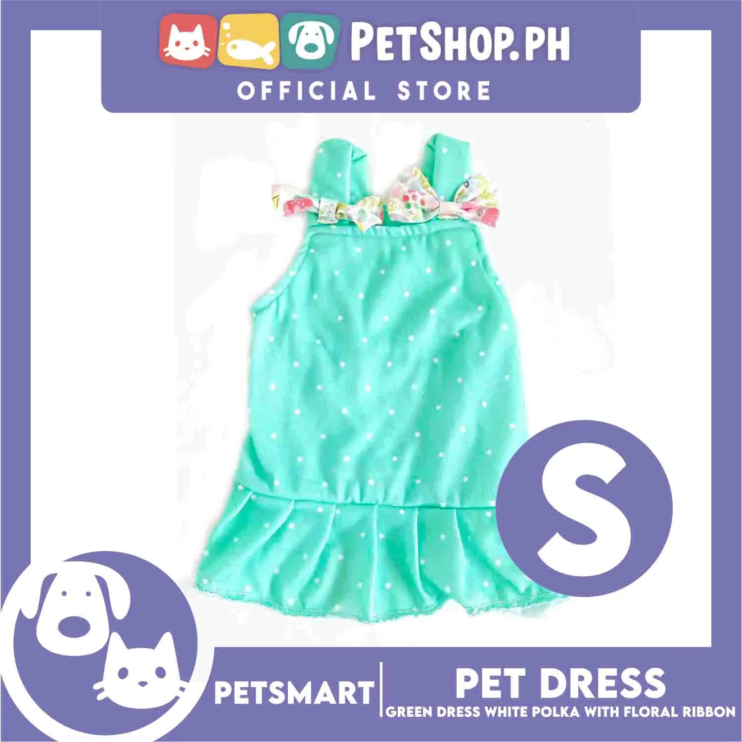 Pet Dress Clothes, Green White Polka With White Floral Ribbon (small)