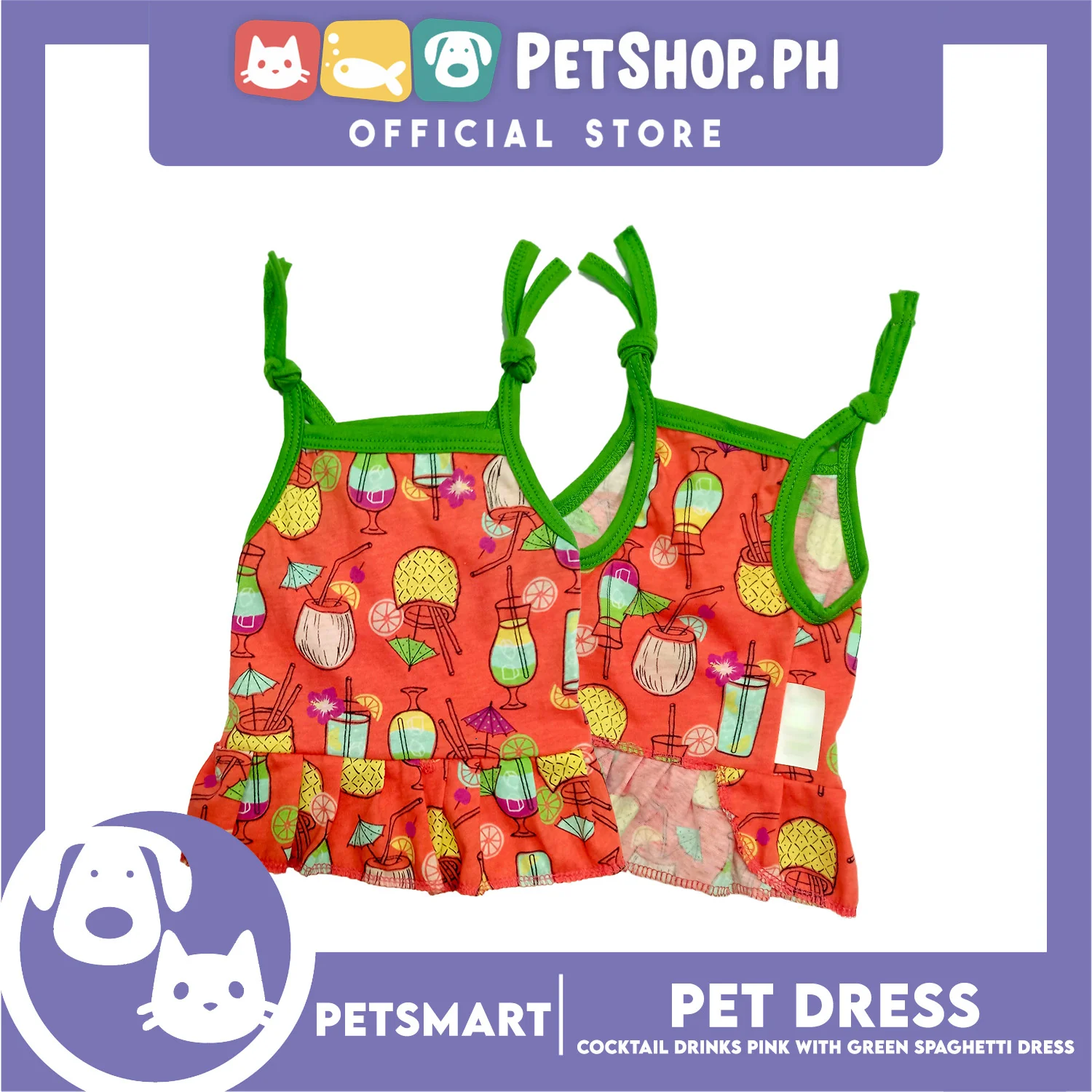 Pet Dress Cocktail Design, Pink with Green Color Spaghetti Dress (Large) Perfect Fit for Dogs and Cats - Image 3