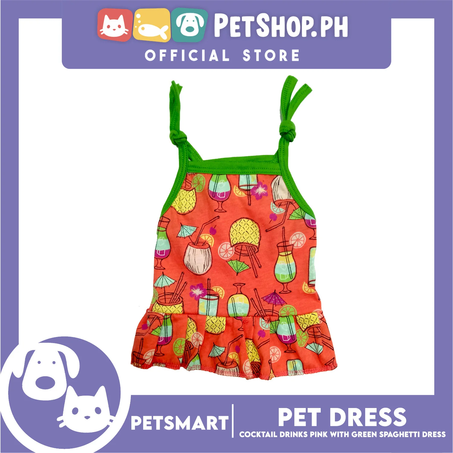 Pet Dress Cocktail Design, Pink with Green Color Spaghetti Dress (Medium) Perfect Fit for Dogs and Cats - Image 3