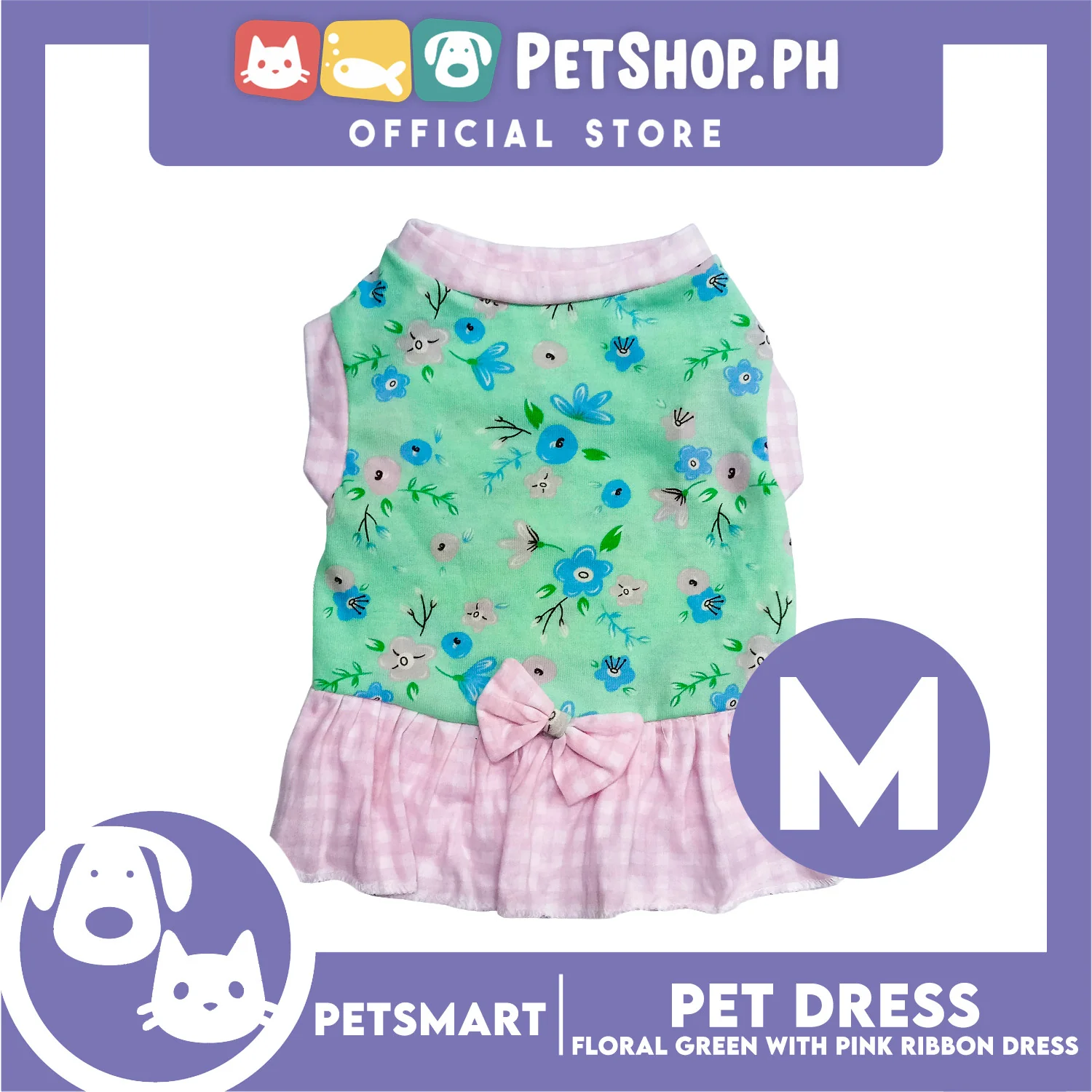 Pet Dress Floral Green with Pink Ribbon Design, Medium Size (DG-CTN212M)