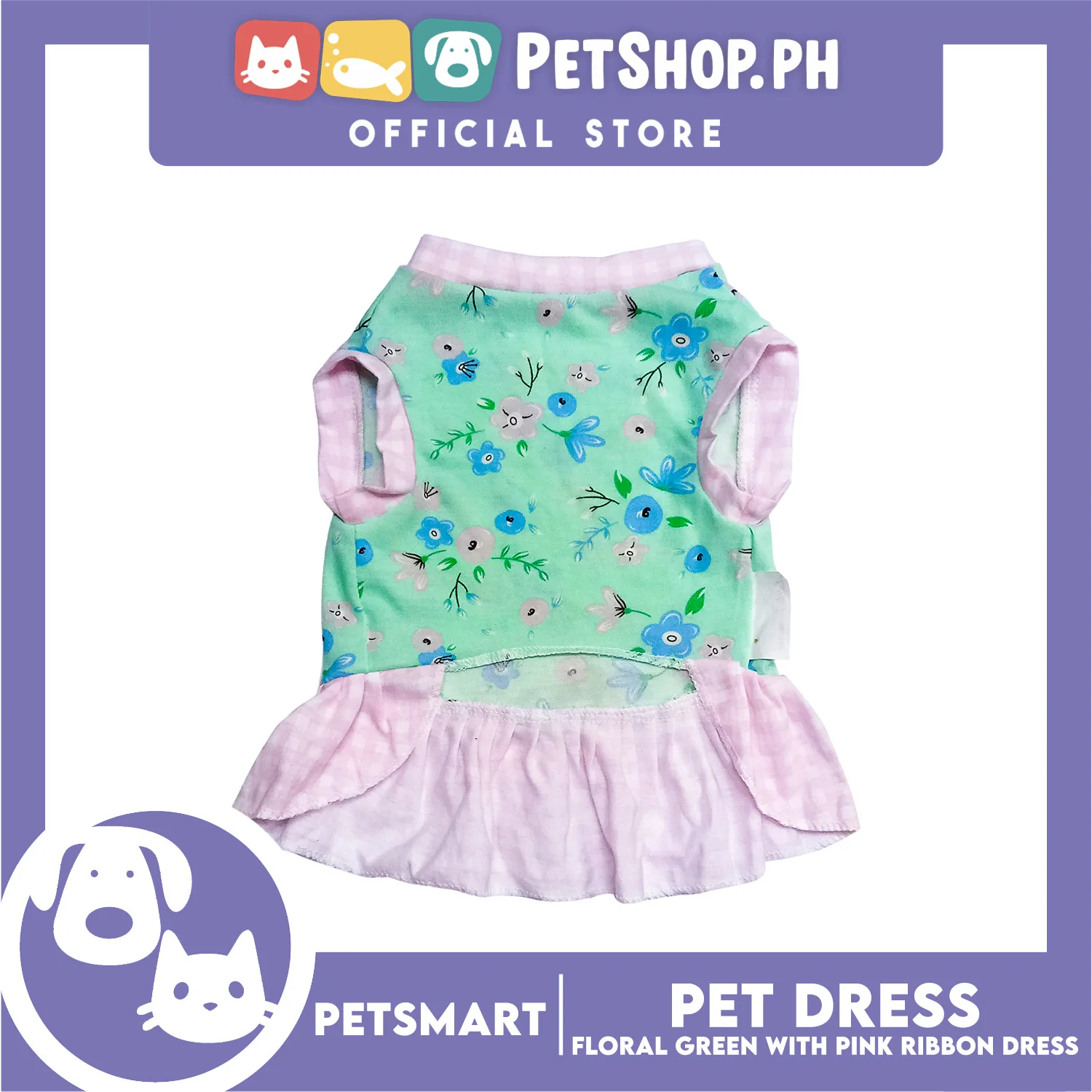 Pet Dress Floral Green with Pink Ribbon Design, Medium Size (DG-CTN212M) - Image 3