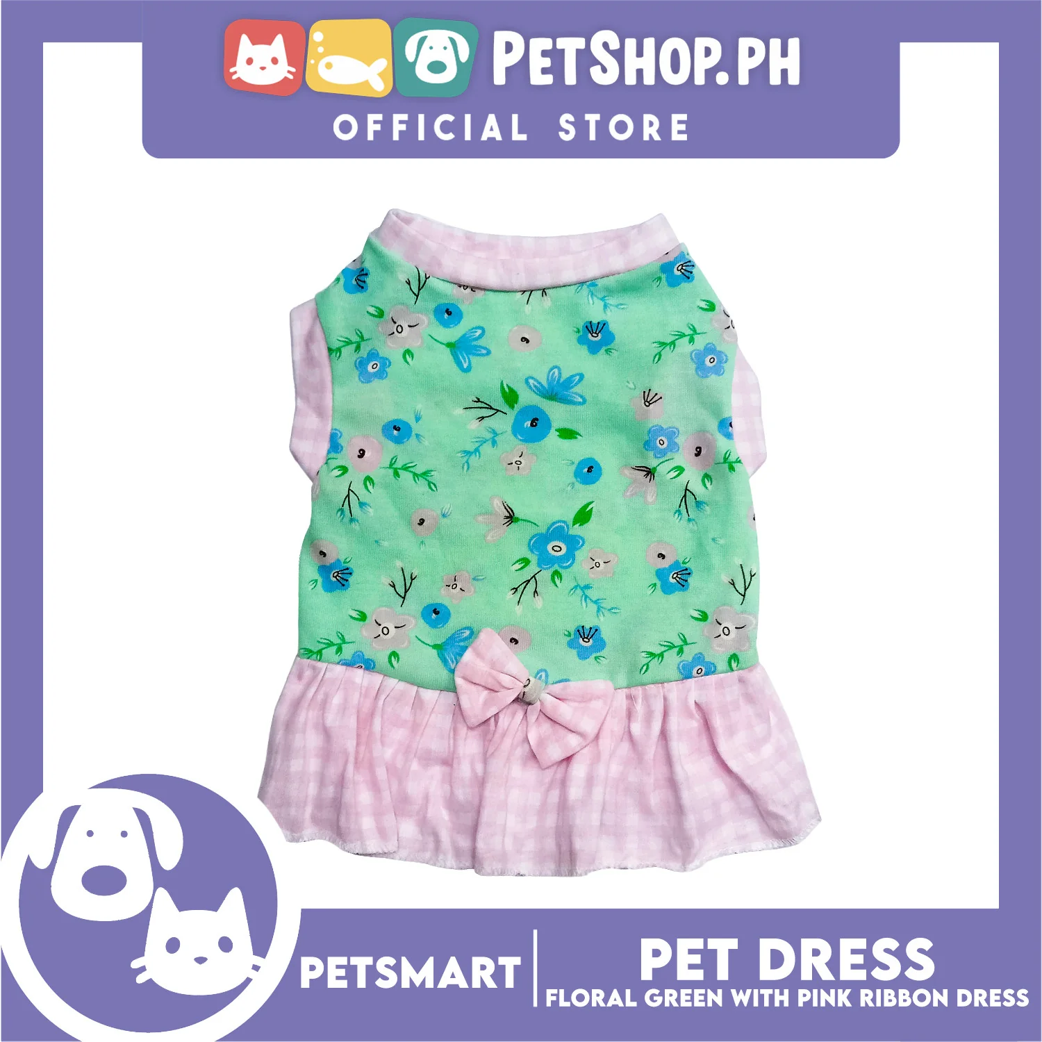 Pet Dress Floral Green with Pink Ribbon Design, Medium Size (DG-CTN212M) - Image 4