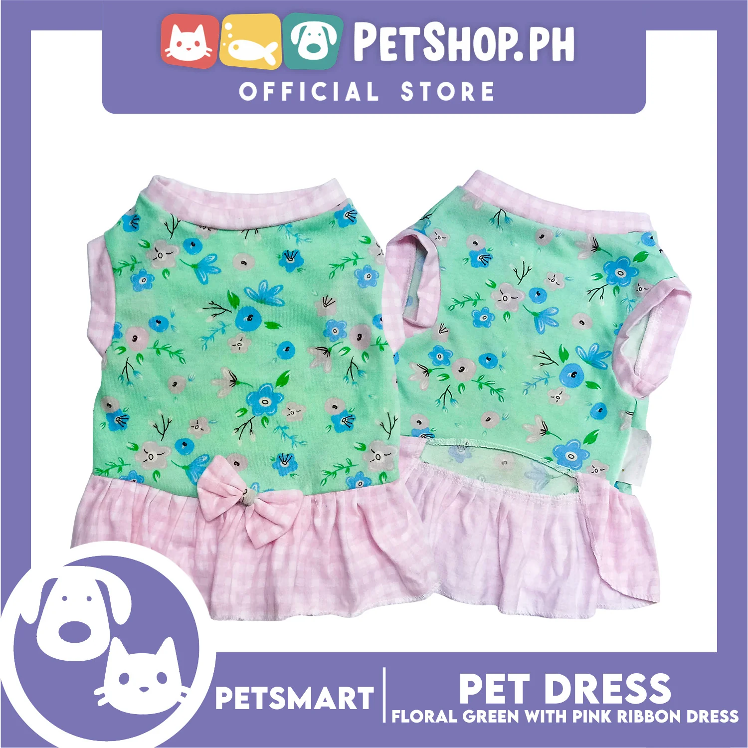 Pet Dress Floral Green with Pink Ribbon Design, Small Size (DG-CTN212S) - Image 2