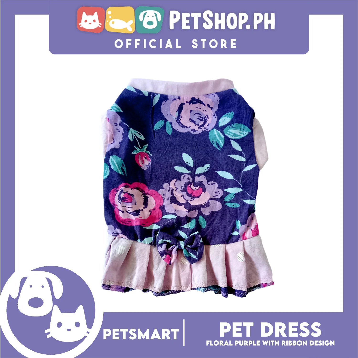 Pet Dress, Floral Purple with Ribbon Design DG-CTN159M (Medium) Perfect Fit For Dogs And Cats, Pet Clothes, Soft and Comfortable Pet Clothing - Image 2