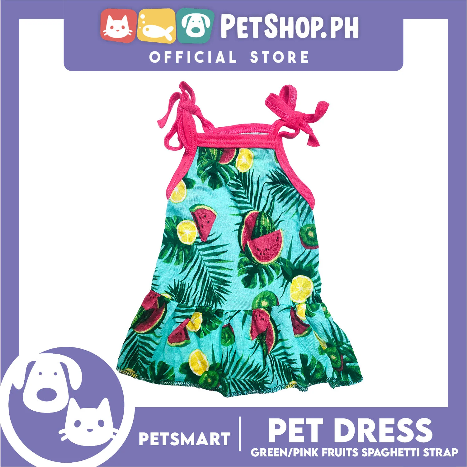 Pet Dress Fruits Design, Green Pink Color Spaghetti Strap Dress DG-CTN117L (Large) Perfect Fit For Dogs And Cats, Breathable Dress Clothes, Soft Lightweight Pet Clothing - Image 2