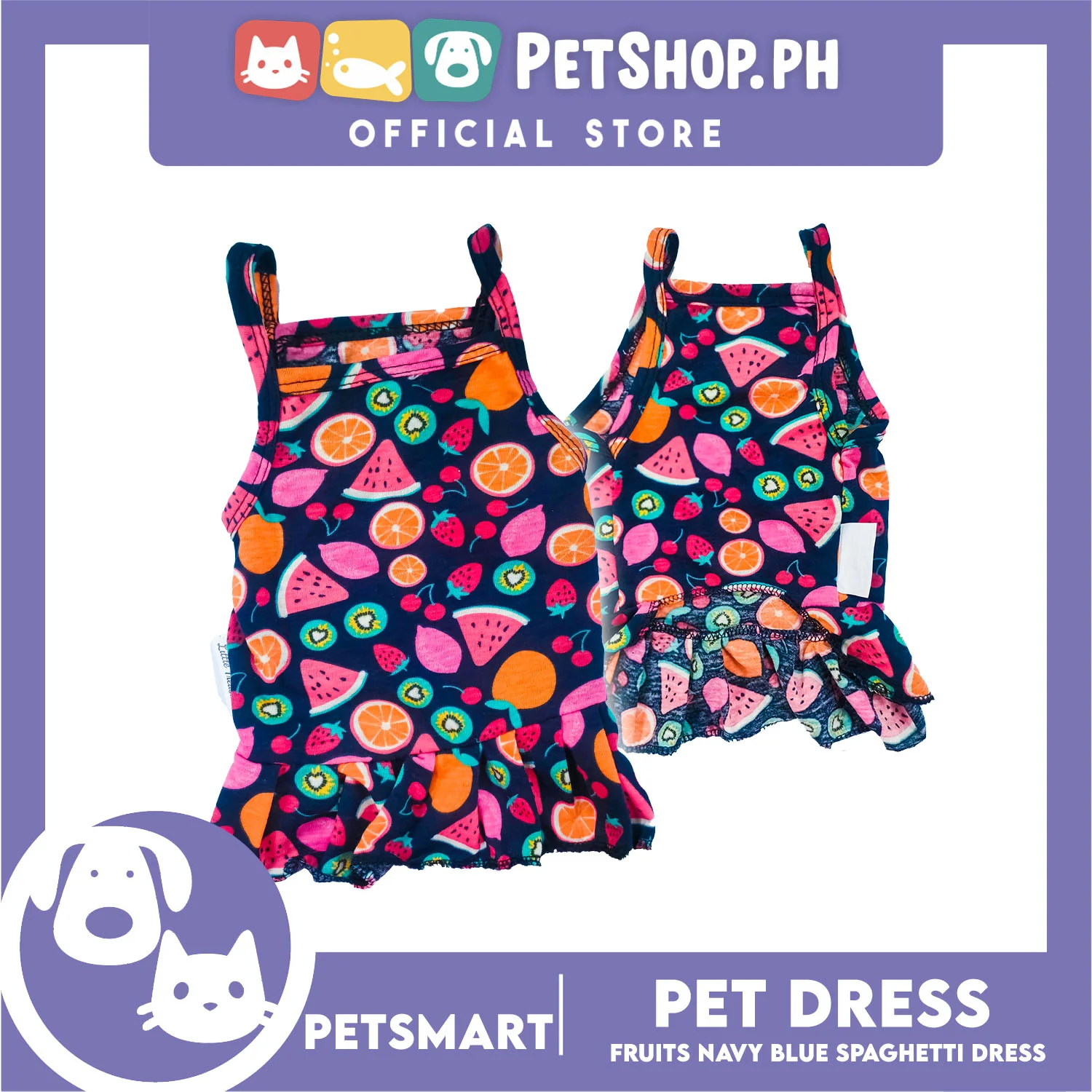 Pet Dress Fruits Design, Navy Blue Color Spaghetti Dress DG-CTN151S (Small) Perfect Fit For Dogs And Cats - Image 2