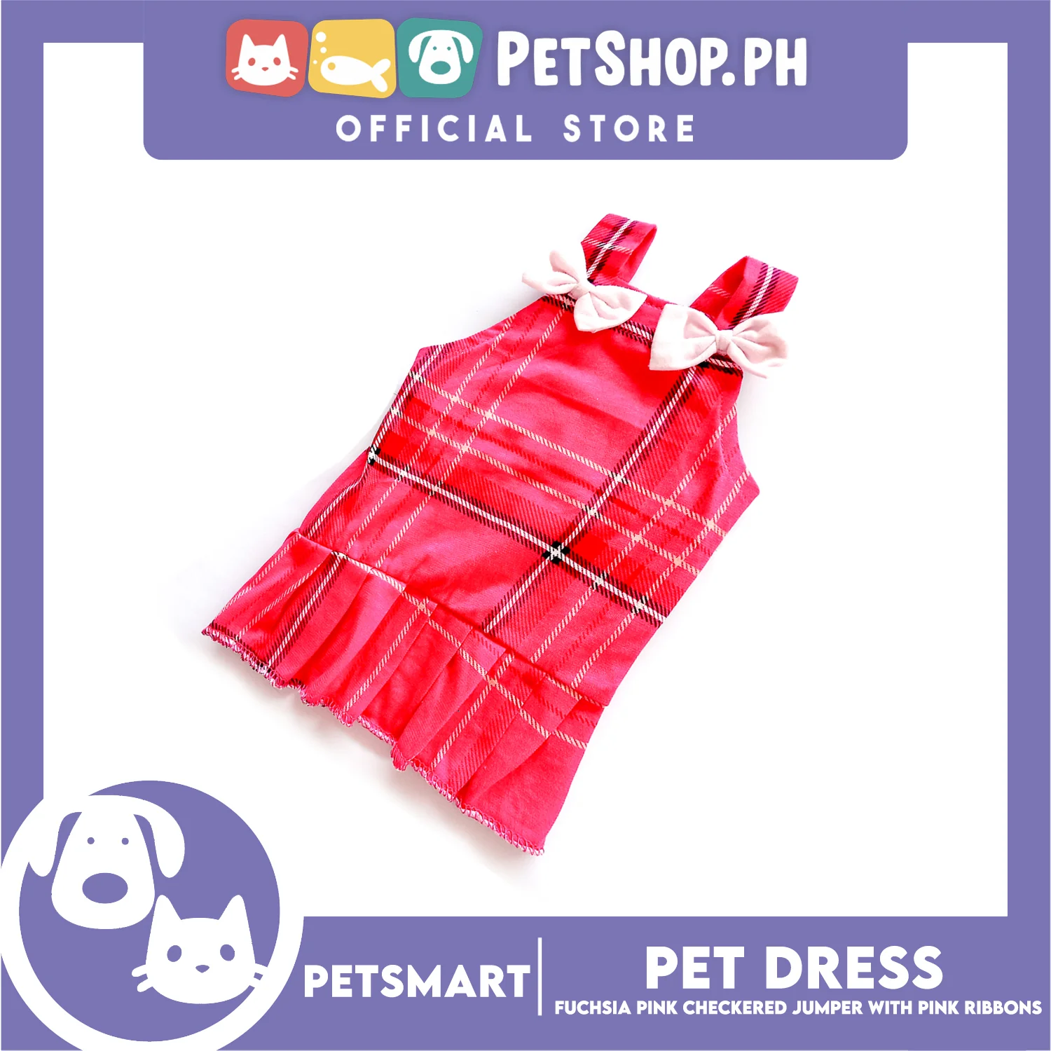 Pet Dress Fuchsia Pink Checkered Jumper with Ribbon Design DG-CTN142L (Large) Perfect Fit For Dogs And Cats - Image 2