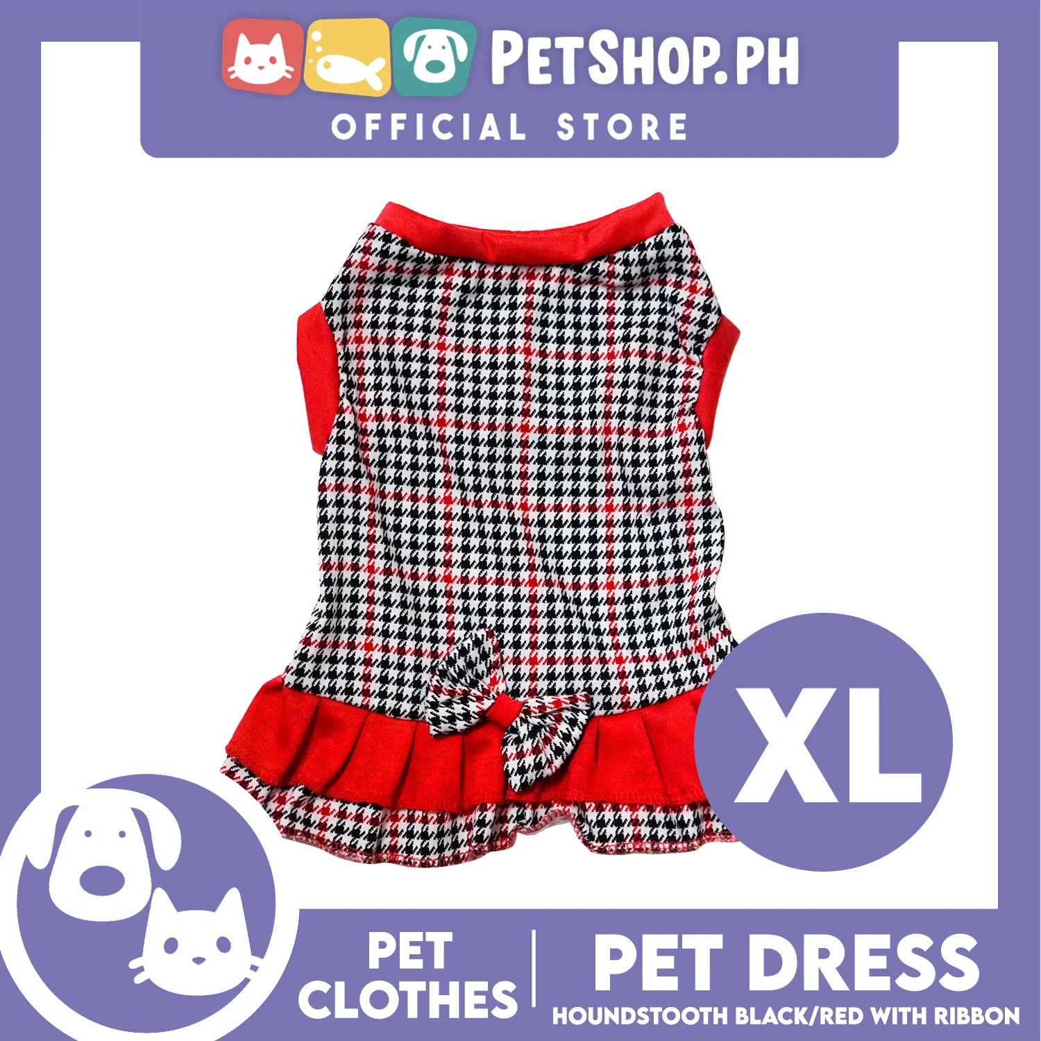 Pet Dress Houndstooth Black/Red with ribbon (Extra Large) Pet Dress Clothes Perfect for Dogs