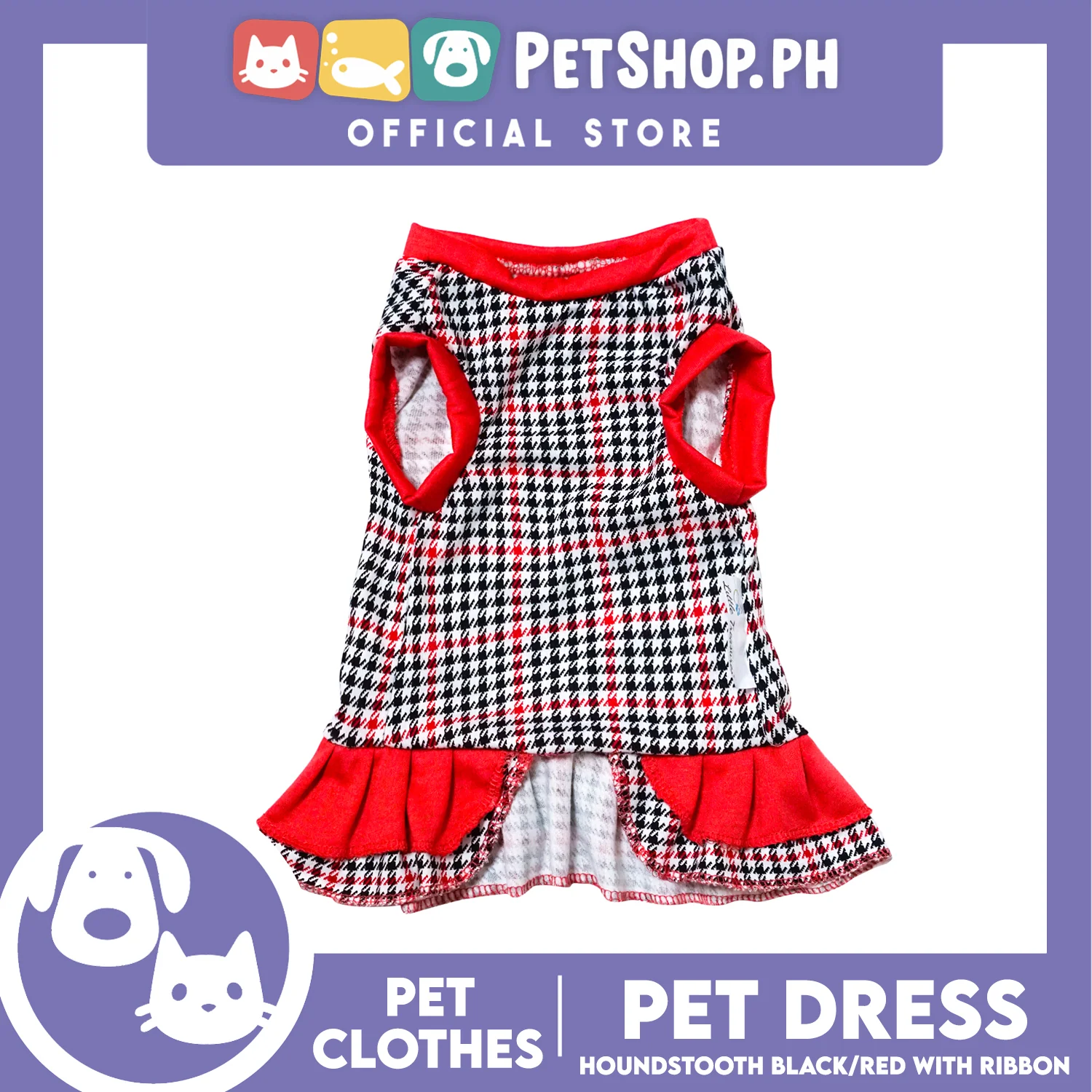 Pet Dress Houndstooth Black/Red with ribbon (Extra Large) Pet Dress Clothes Perfect for Dogs - Image 2