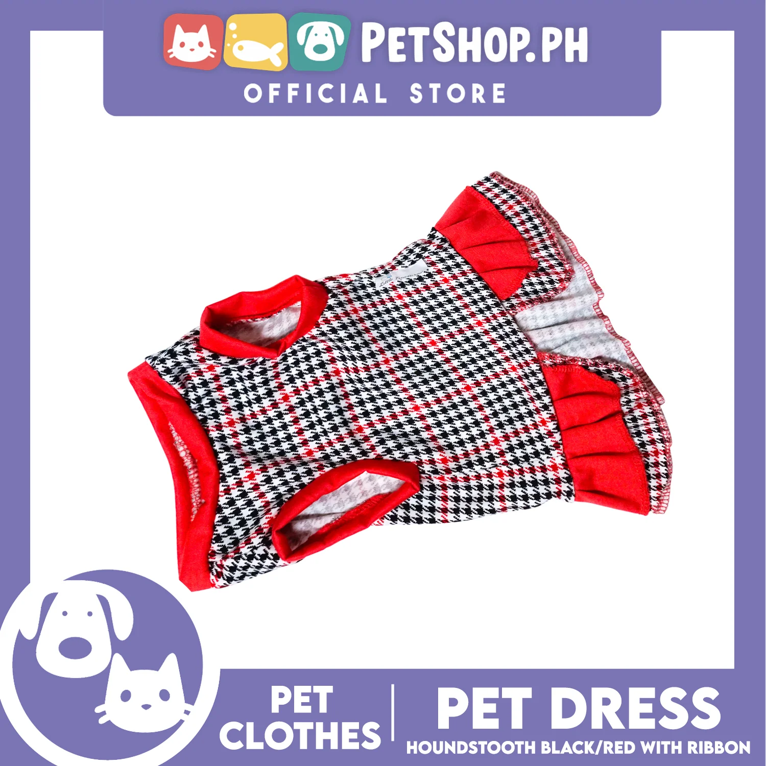 Pet Dress Houndstooth Black/Red with ribbon (Medium) Pet Dress Clothes Perfect for Dogs - Image 2