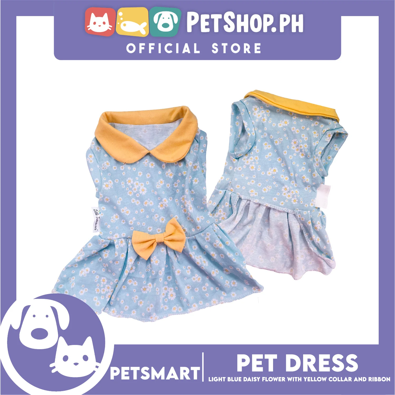 Pet Dress Light Blue Daisy Flower with Yellow Collar and Ribbon Design DG-CTN154XL (XL) Perfect Fit For Dogs And Cats - Image 2