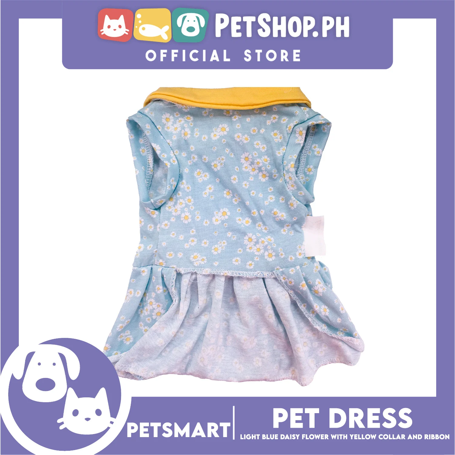 Pet Dress Light Blue Daisy Flower with Yellow Collar and Ribbon Design DG-CTN154XL (XL) Perfect Fit For Dogs And Cats - Image 3