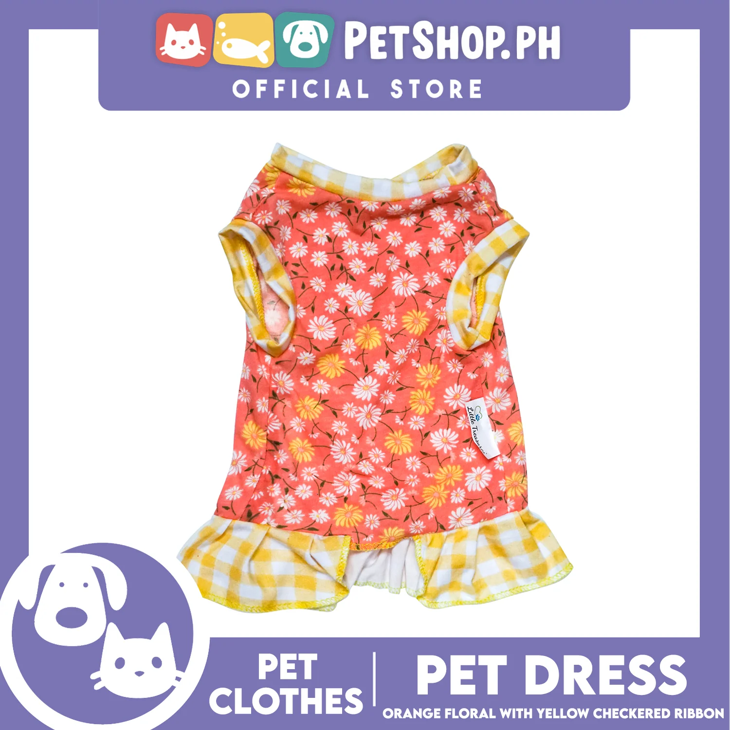 Pet Dress Orange Floral Yellow Checkered with Ribbon (Small) Pet Dress Clothes Perfect for Dogs - Image 2