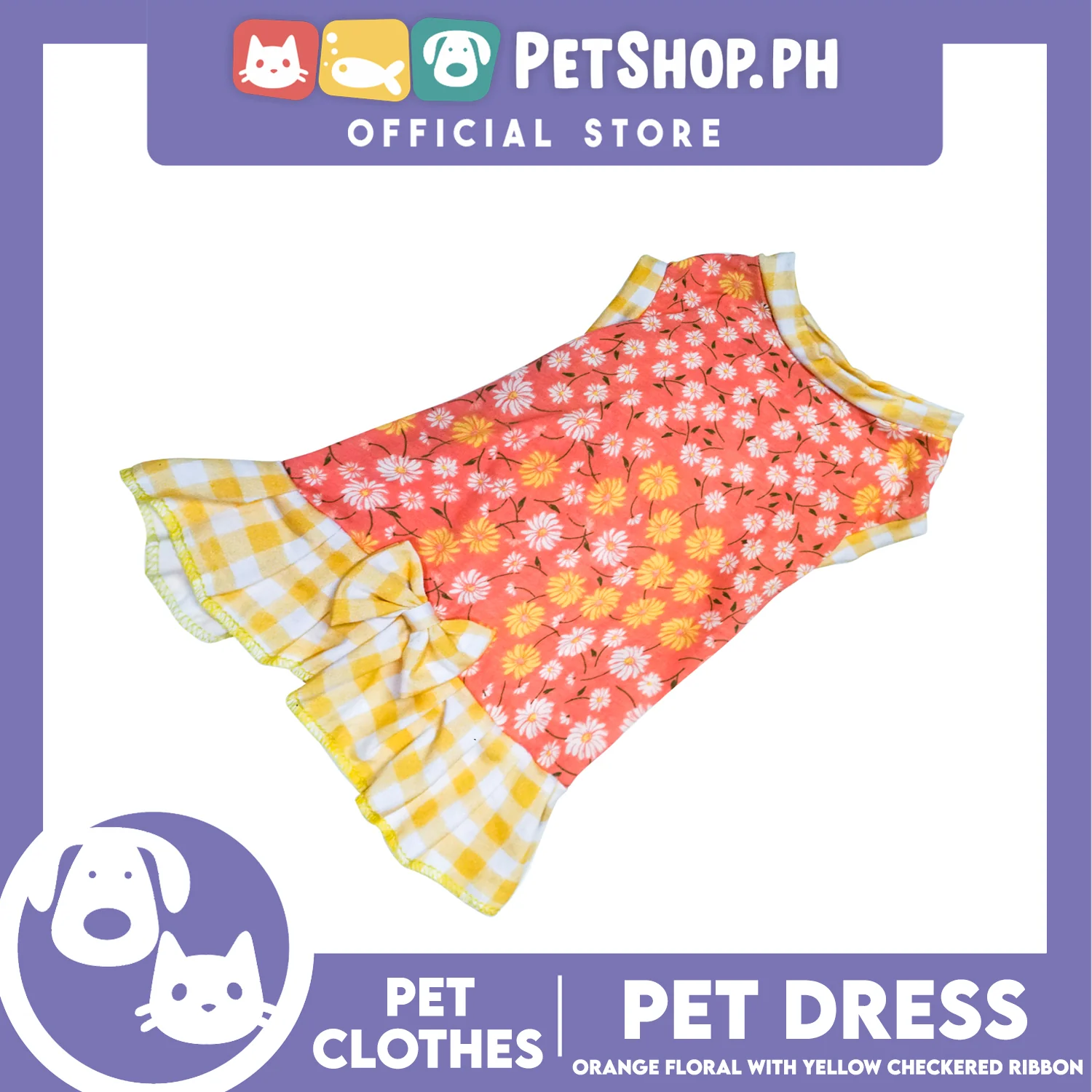 Pet Dress Orange Floral Yellow Checkered with Ribbon (Small) Pet Dress Clothes Perfect for Dogs - Image 3